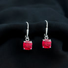 Cushion Cut Solitaire Created Ruby Drop Earrings in Silver Lab Created Ruby - ( AAAA ) - Quality 92.5 Sterling Silver - Rosec Jewels