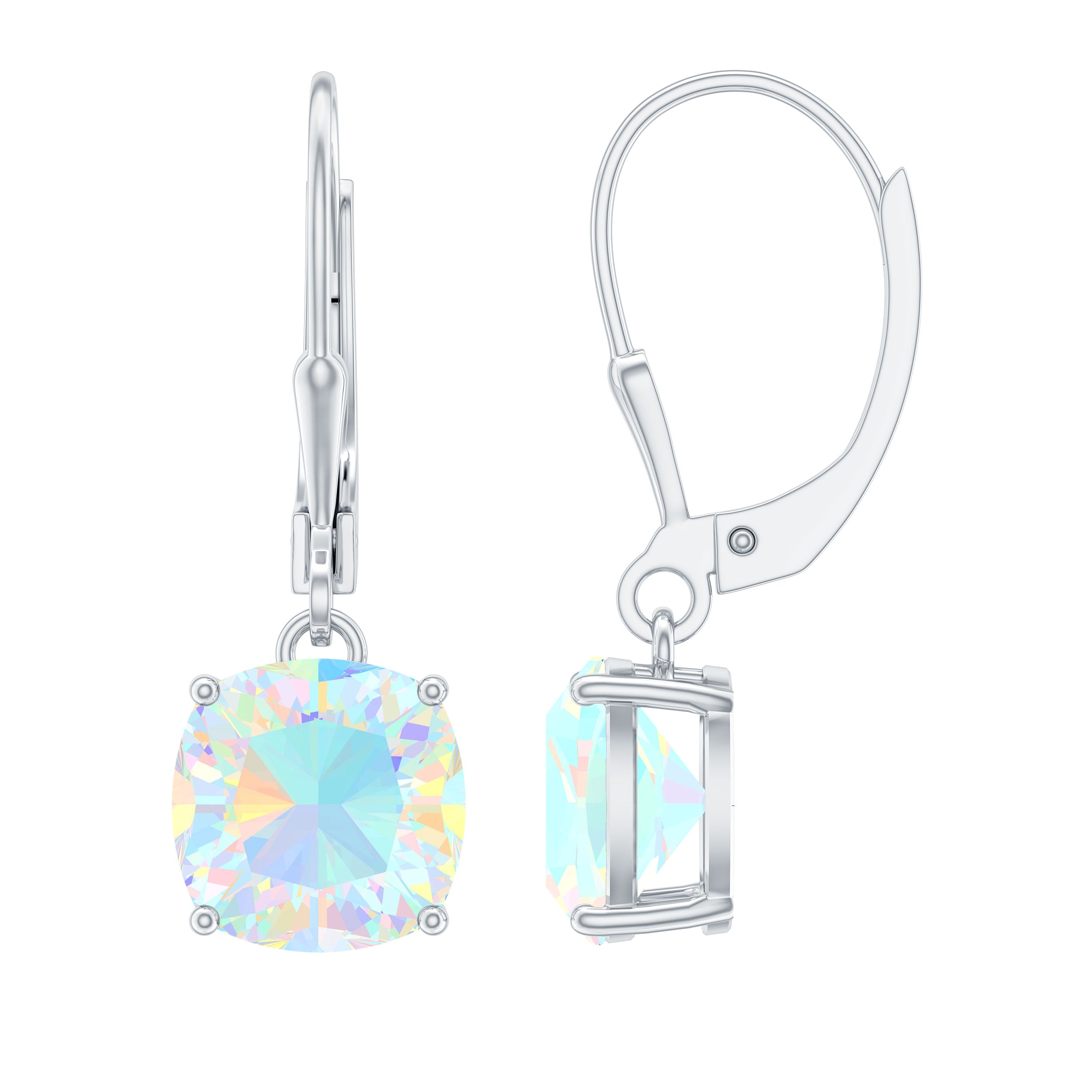 Cushion Cut Solitaire Ethiopian Opal Drop Earrings in Silver Ethiopian Opal - ( AAA ) - Quality 92.5 Sterling Silver - Rosec Jewels