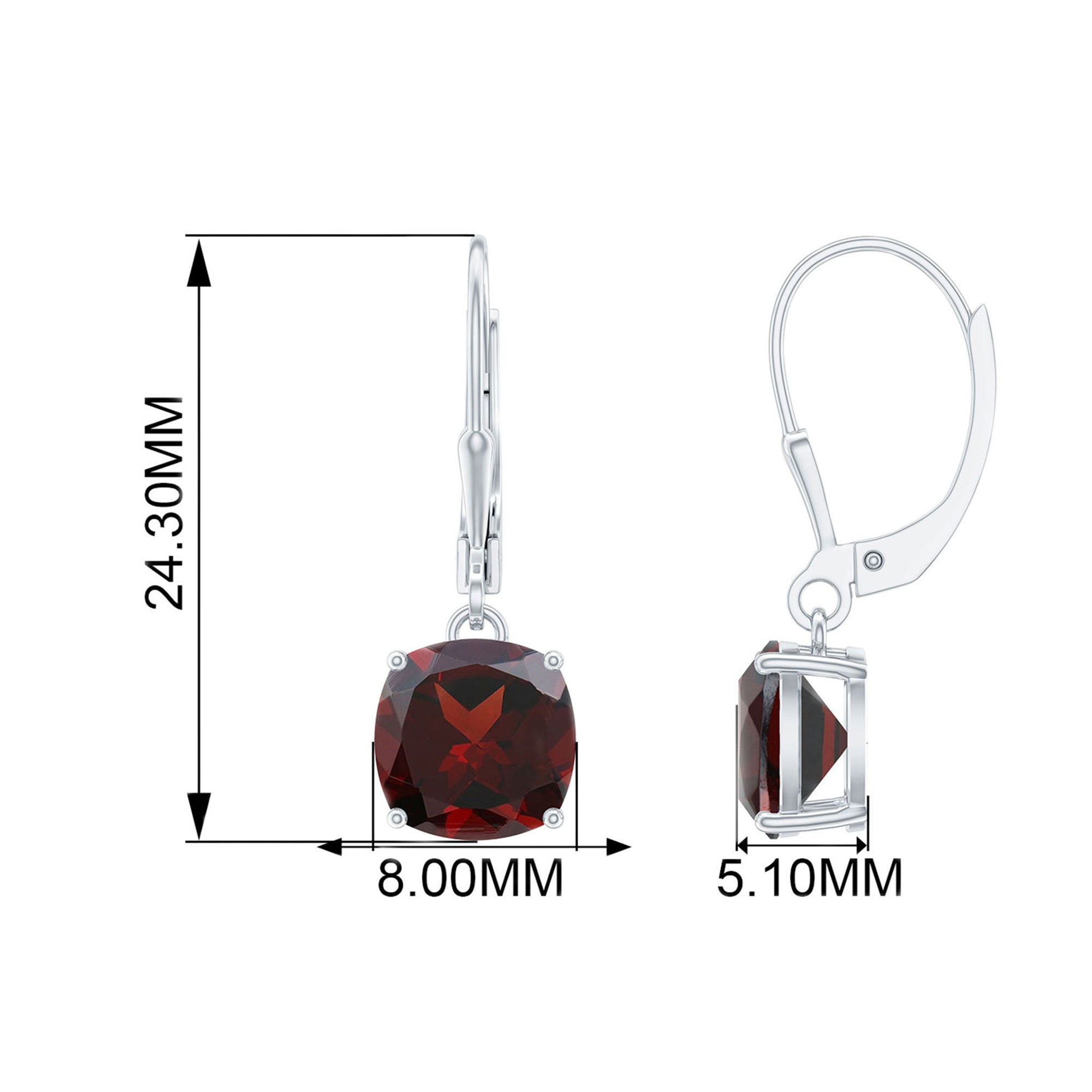 8 MM Cushion Cut Garnet Solitaire Drop Earrings with Lever Back Garnet - ( AAA ) - Quality - Rosec Jewels