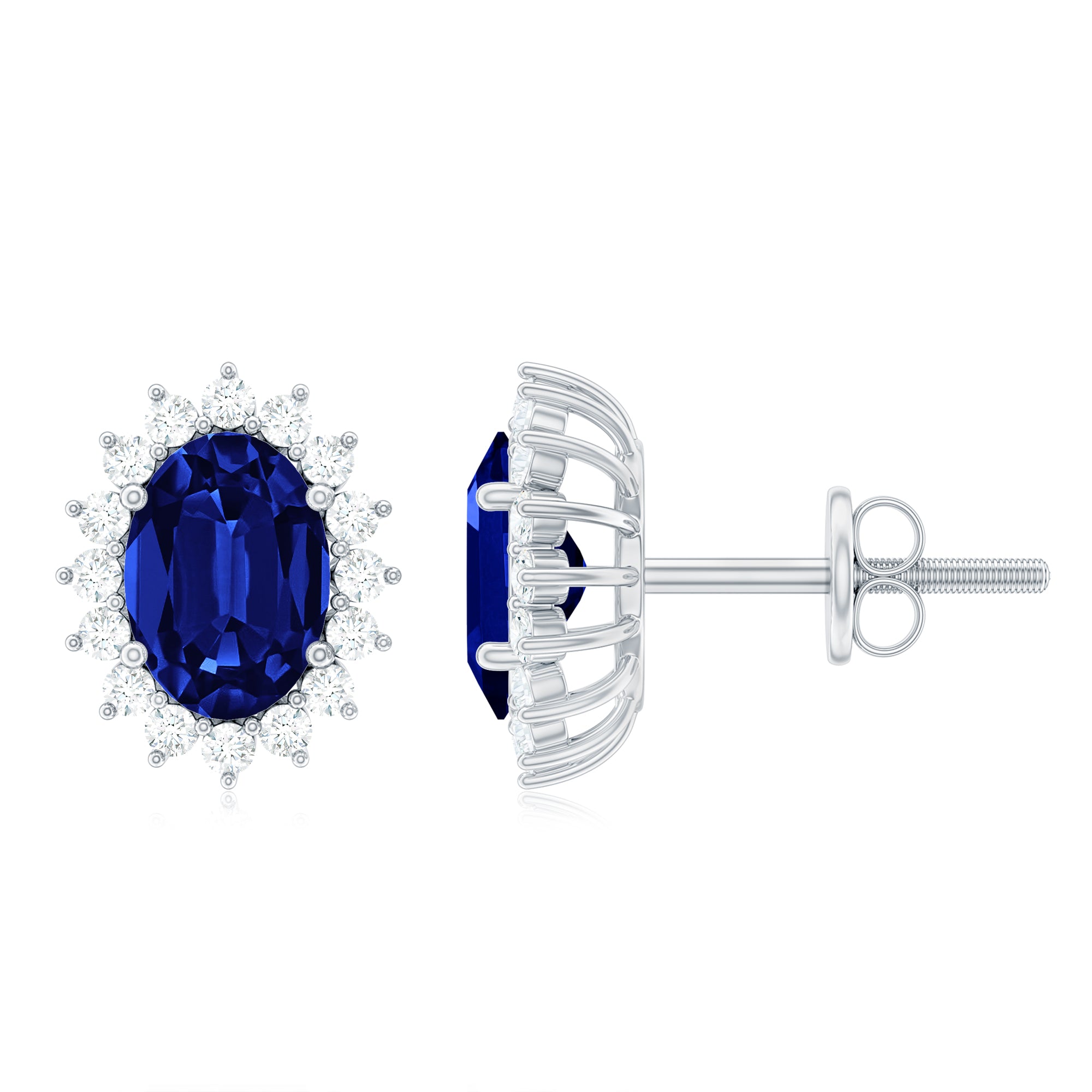 Oval Cut Created Blue Sapphire Silver Stud Earrings with Moissanite Halo Lab Created Blue Sapphire - ( AAAA ) - Quality 92.5 Sterling Silver - Rosec Jewels