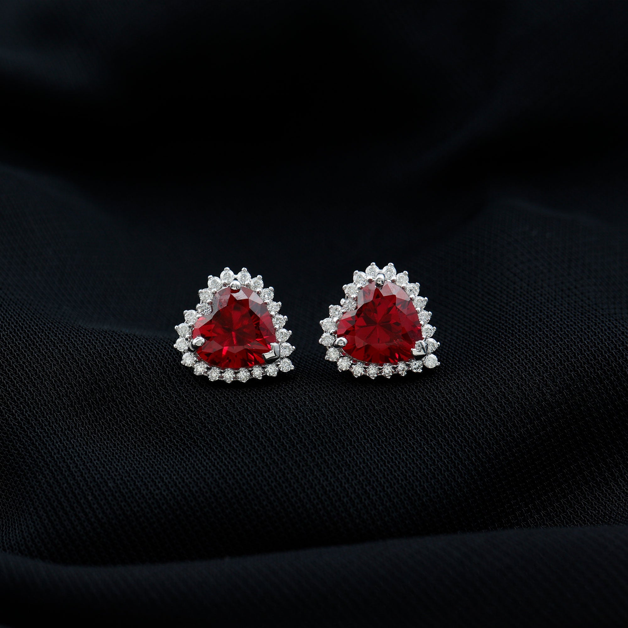 Heart Shape Created Ruby Stud Earrings with Diamond Halo Lab Created Ruby - ( AAAA ) - Quality - Rosec Jewels