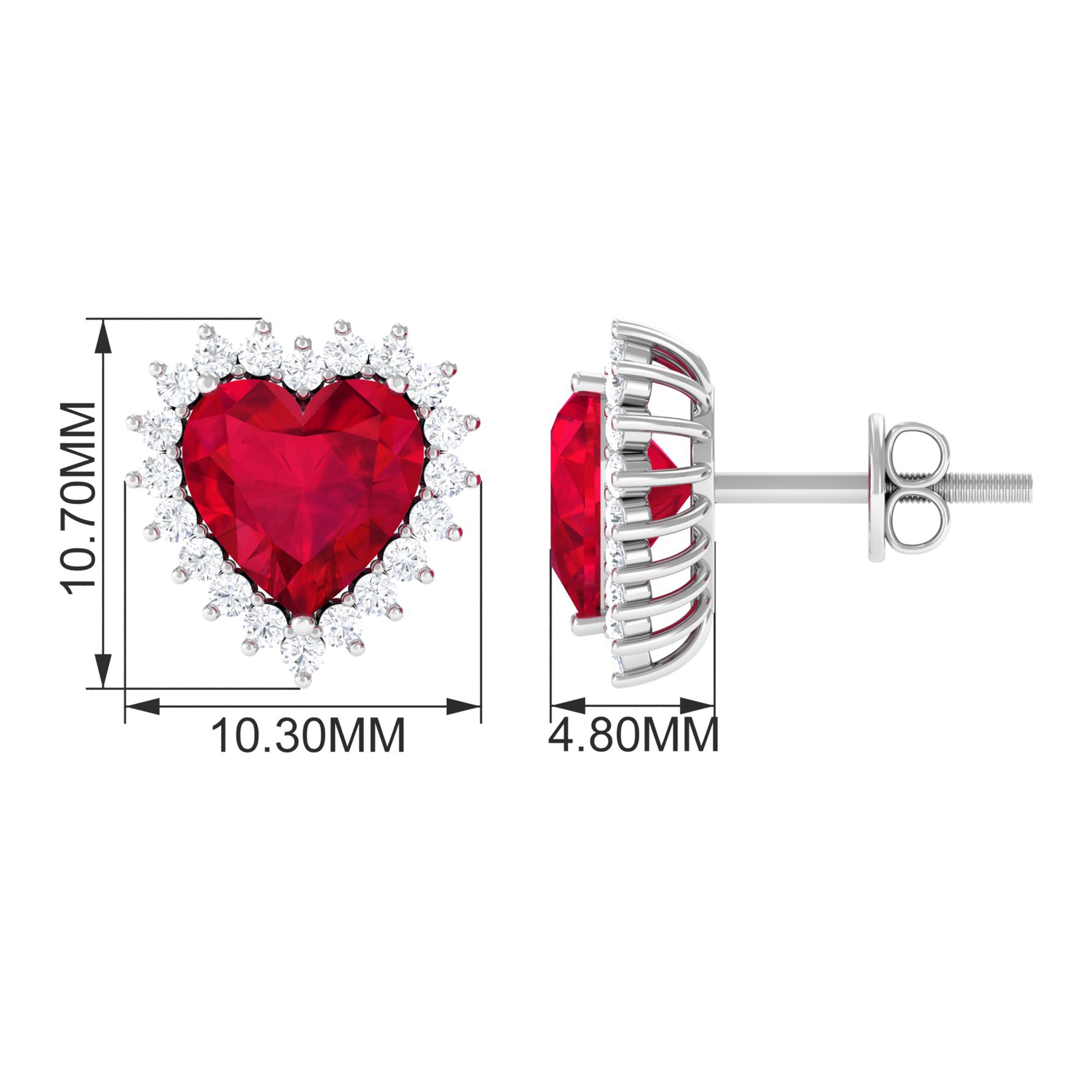 Heart Shape Created Ruby Stud Earrings with Diamond Halo Lab Created Ruby - ( AAAA ) - Quality - Rosec Jewels