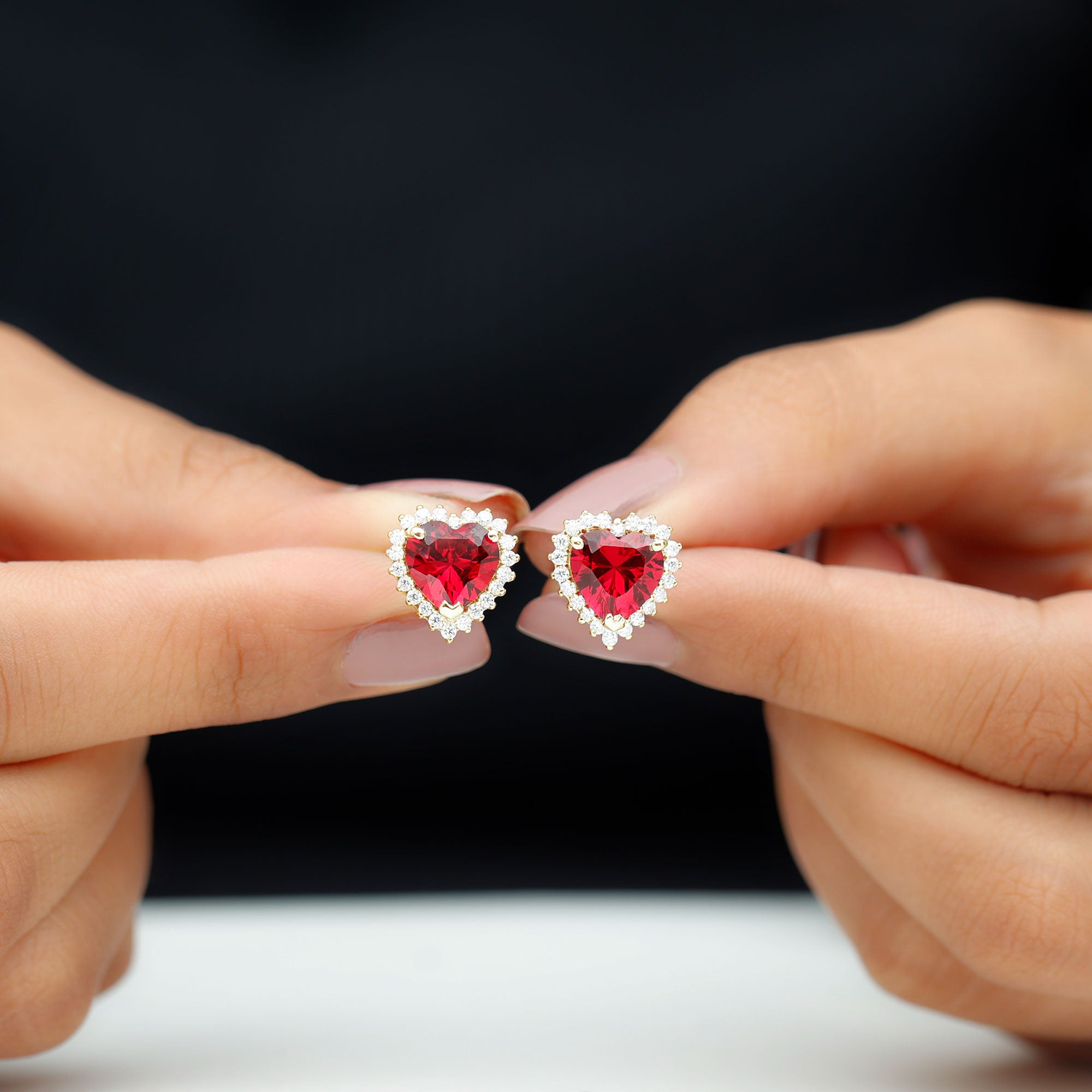 Heart Shape Created Ruby Stud Earrings with Diamond Halo Lab Created Ruby - ( AAAA ) - Quality - Rosec Jewels