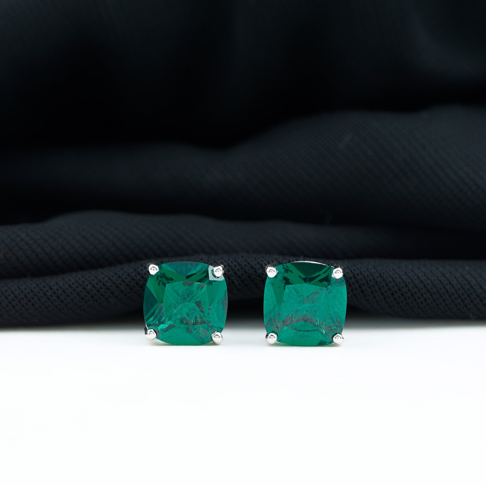 3 CT Cushion Cut Created Emerald Solitaire Stud Earring Lab Created Emerald - ( AAAA ) - Quality - Rosec Jewels