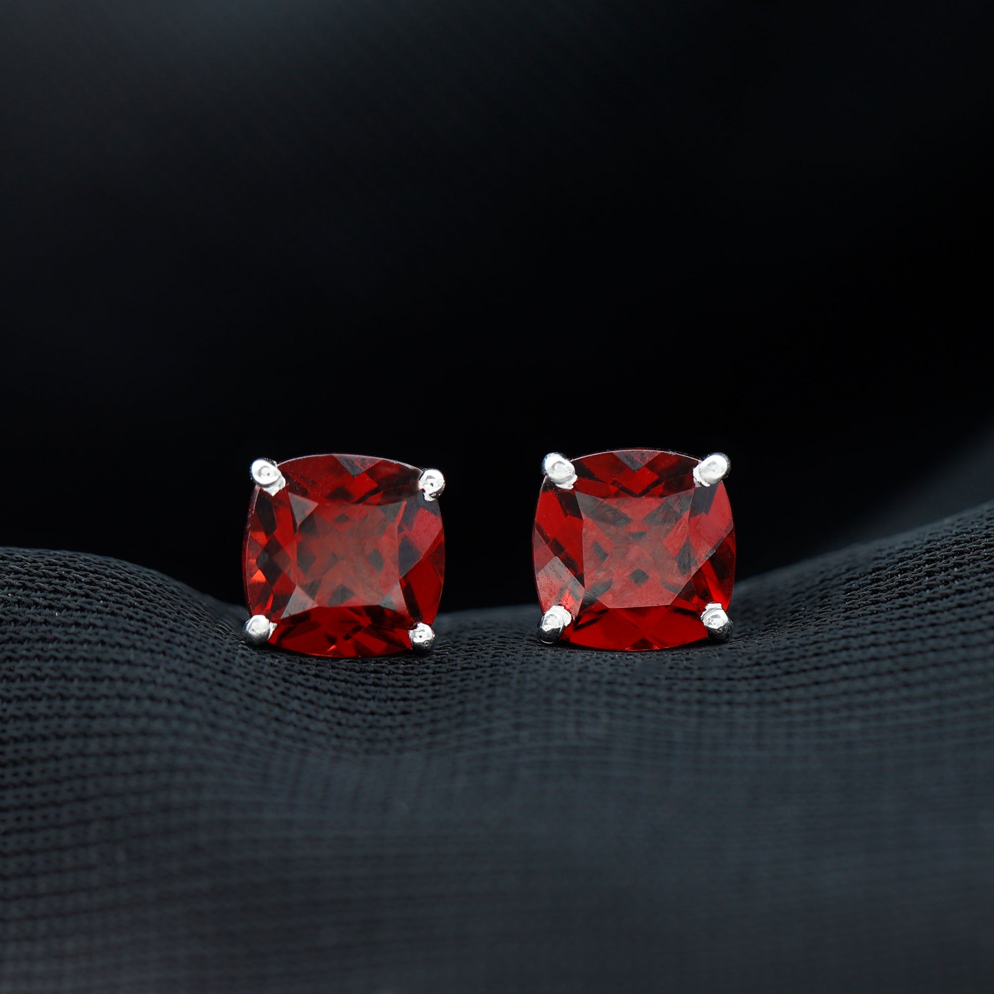 4.25 CT Cushion Cut Garnet Solitaire Stud Earring in Silver Garnet - ( AAA ) - Quality 92.5 Sterling Silver - Rosec Jewels