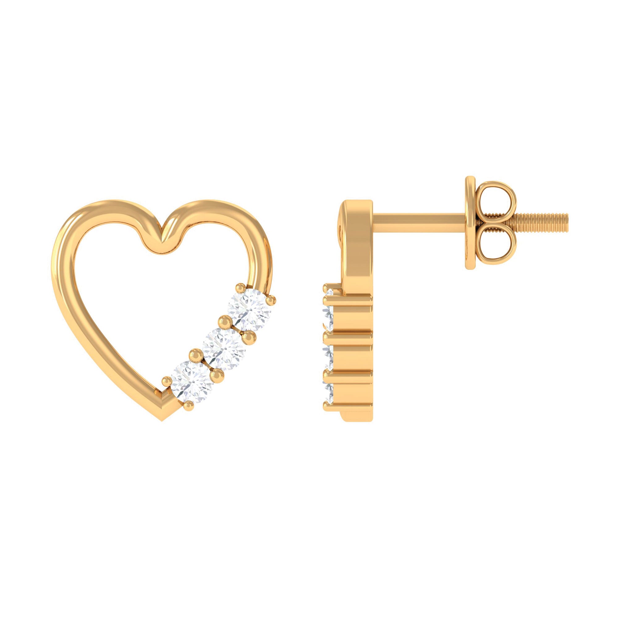 Three Stone Diamond Gold Heart Stud Earring for Women Diamond - ( HI-SI ) - Color and Clarity - Rosec Jewels