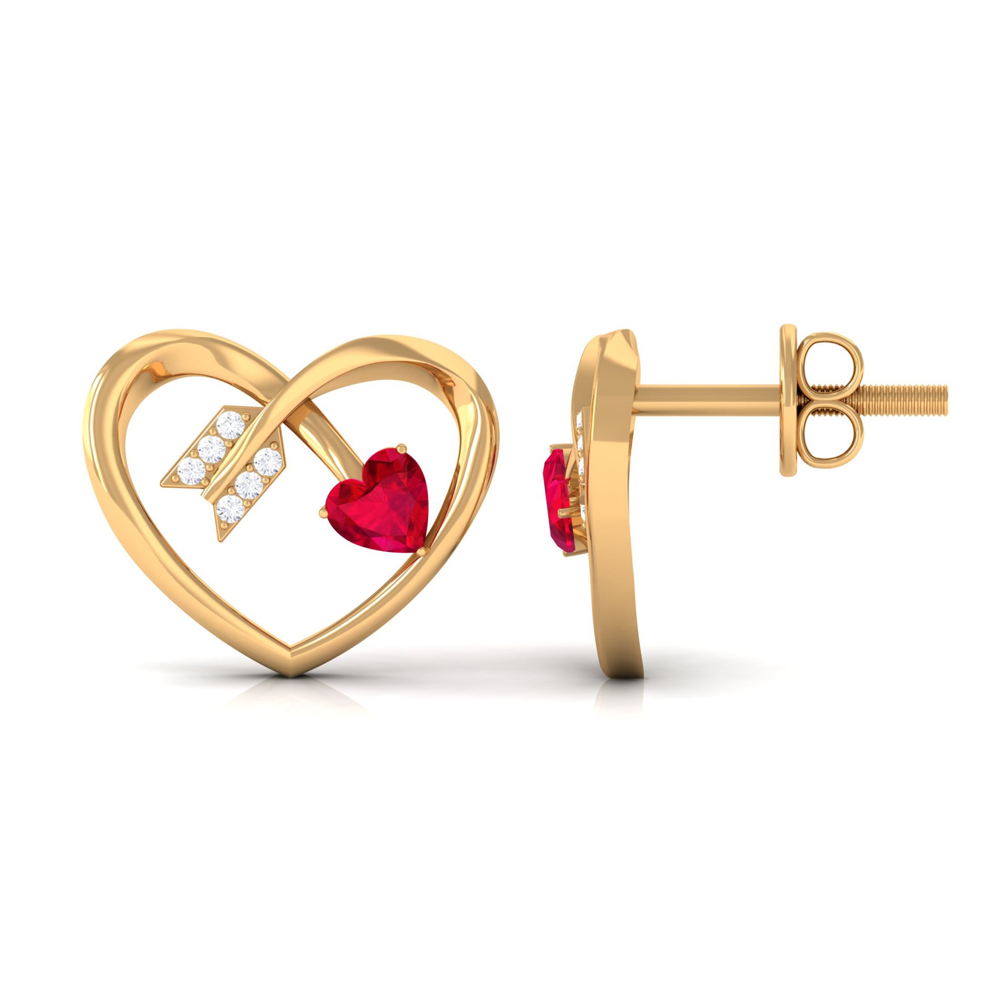 Heart Stud Earrings with Lab Created Ruby and Diamond Lab Created Ruby - ( AAAA ) - Quality - Rosec Jewels