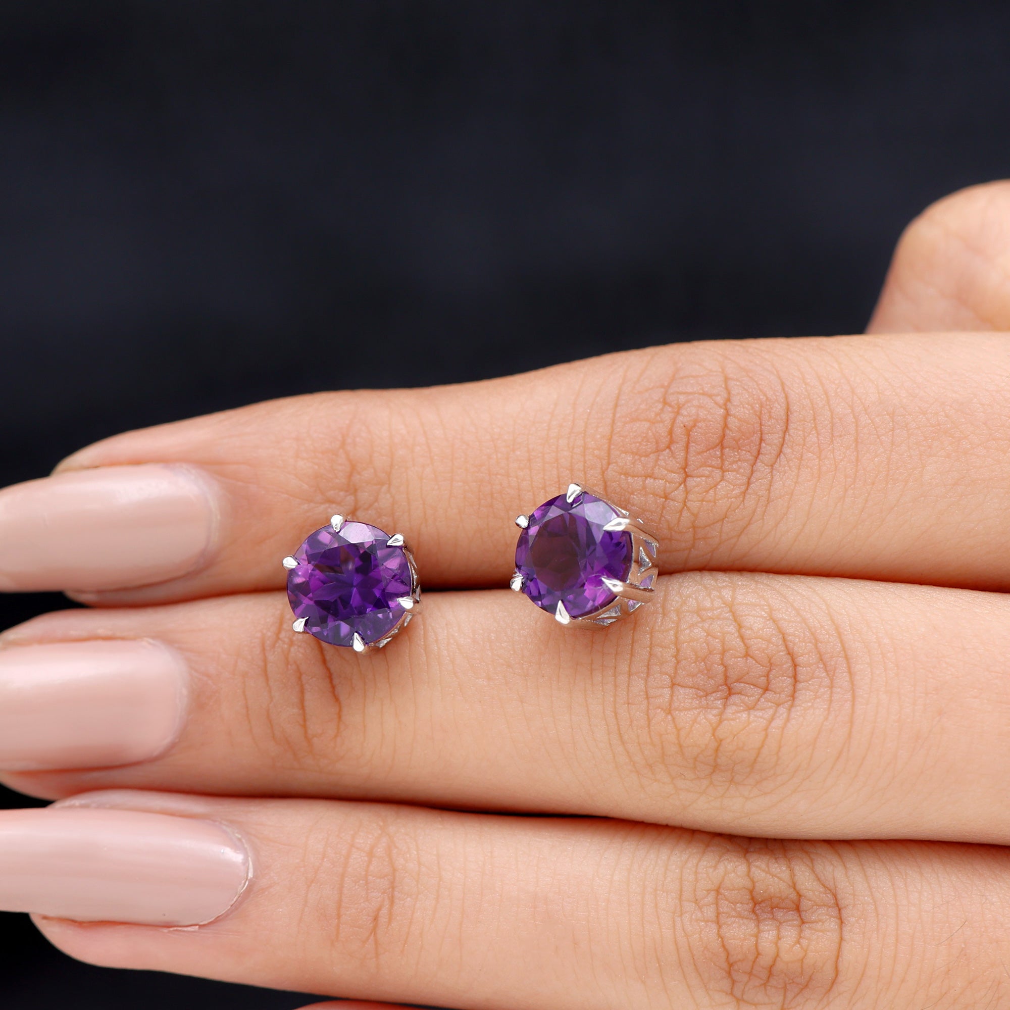 Solitaire Stud Earrings with Round Shaped Amethyst Amethyst - ( AAA ) - Quality - Rosec Jewels