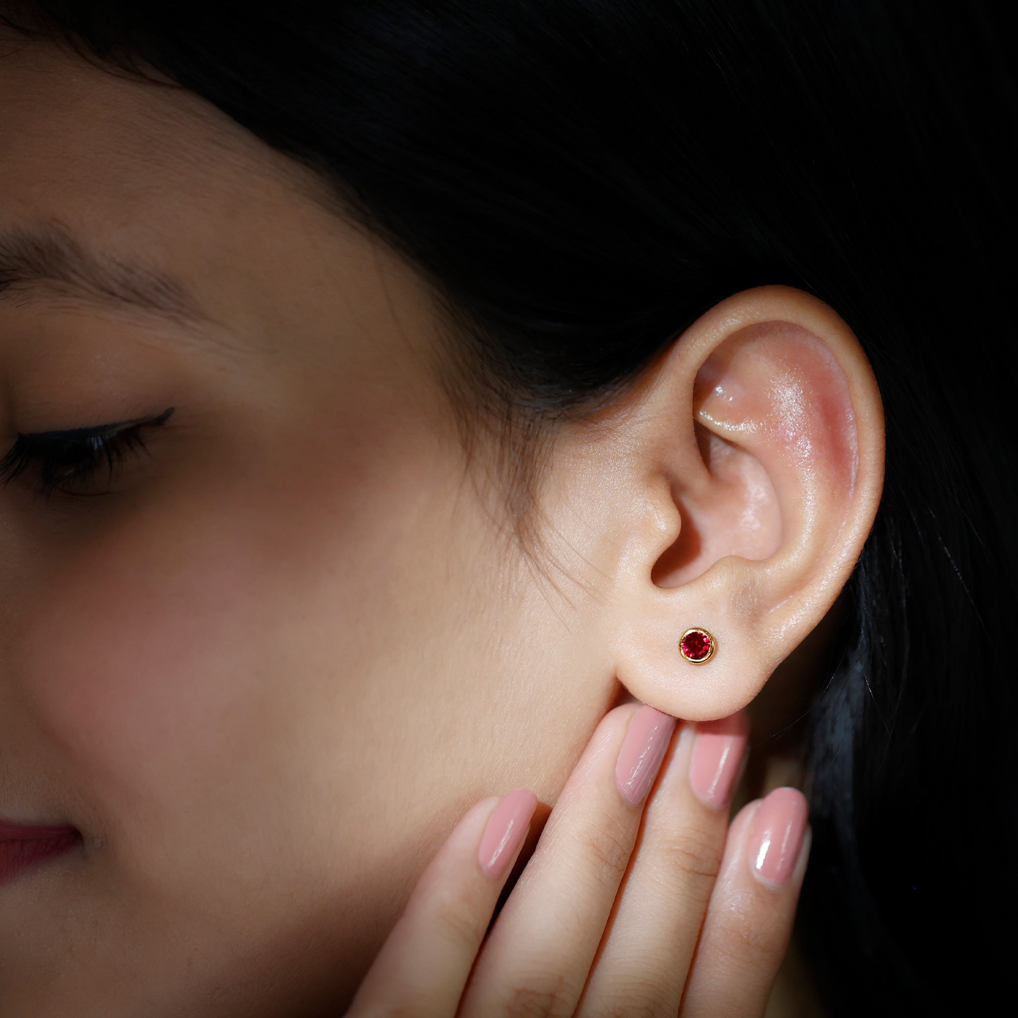 Round Shape lab Grown Ruby Solitaire Stud Earrings in Bezel Setting Lab Created Ruby - ( AAAA ) - Quality - Rosec Jewels