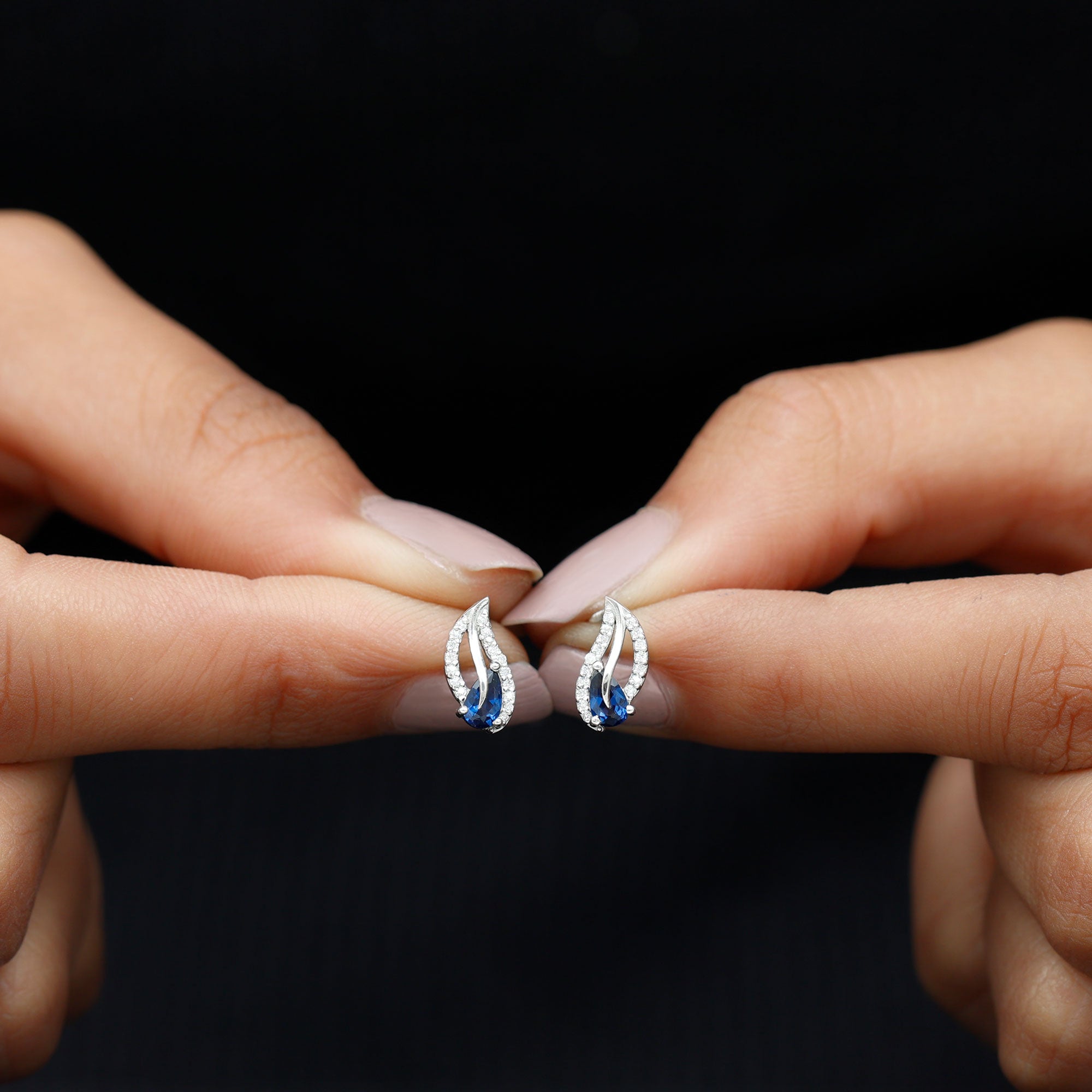 Created Blue Sapphire and Moissanite Leaf Stud Earrings in Silver Lab Created Blue Sapphire - ( AAAA ) - Quality 92.5 Sterling Silver - Rosec Jewels