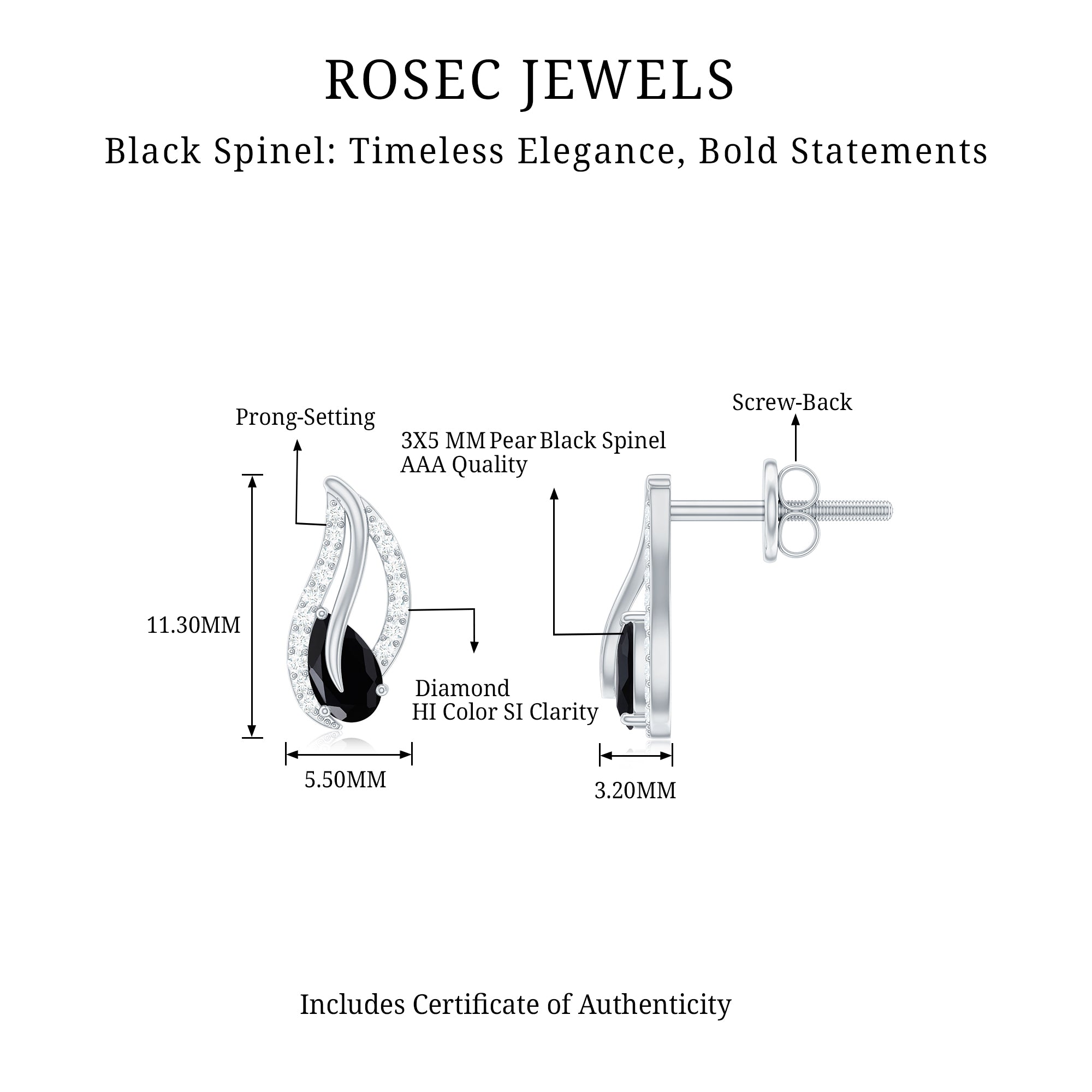 1/2 CT Pear Shape Black Spinel and Diamond Leaf Stud Earrings Black Spinel - ( AAA ) - Quality - Rosec Jewels