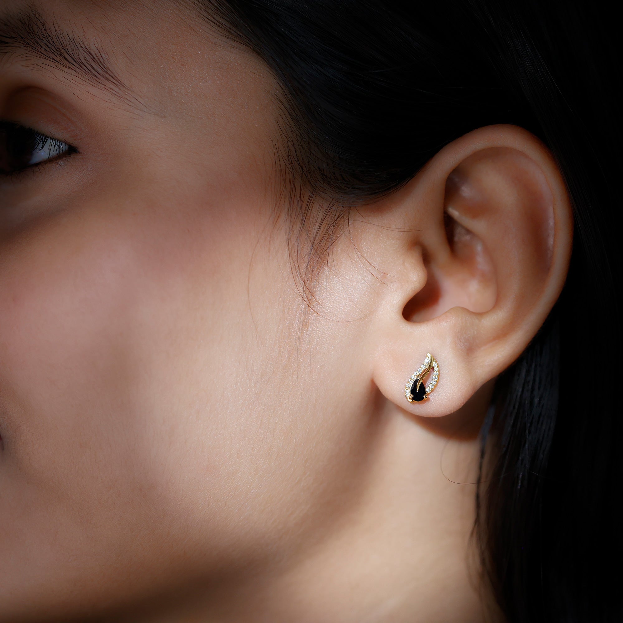 1/2 CT Pear Shape Black Spinel and Diamond Leaf Stud Earrings Black Spinel - ( AAA ) - Quality - Rosec Jewels