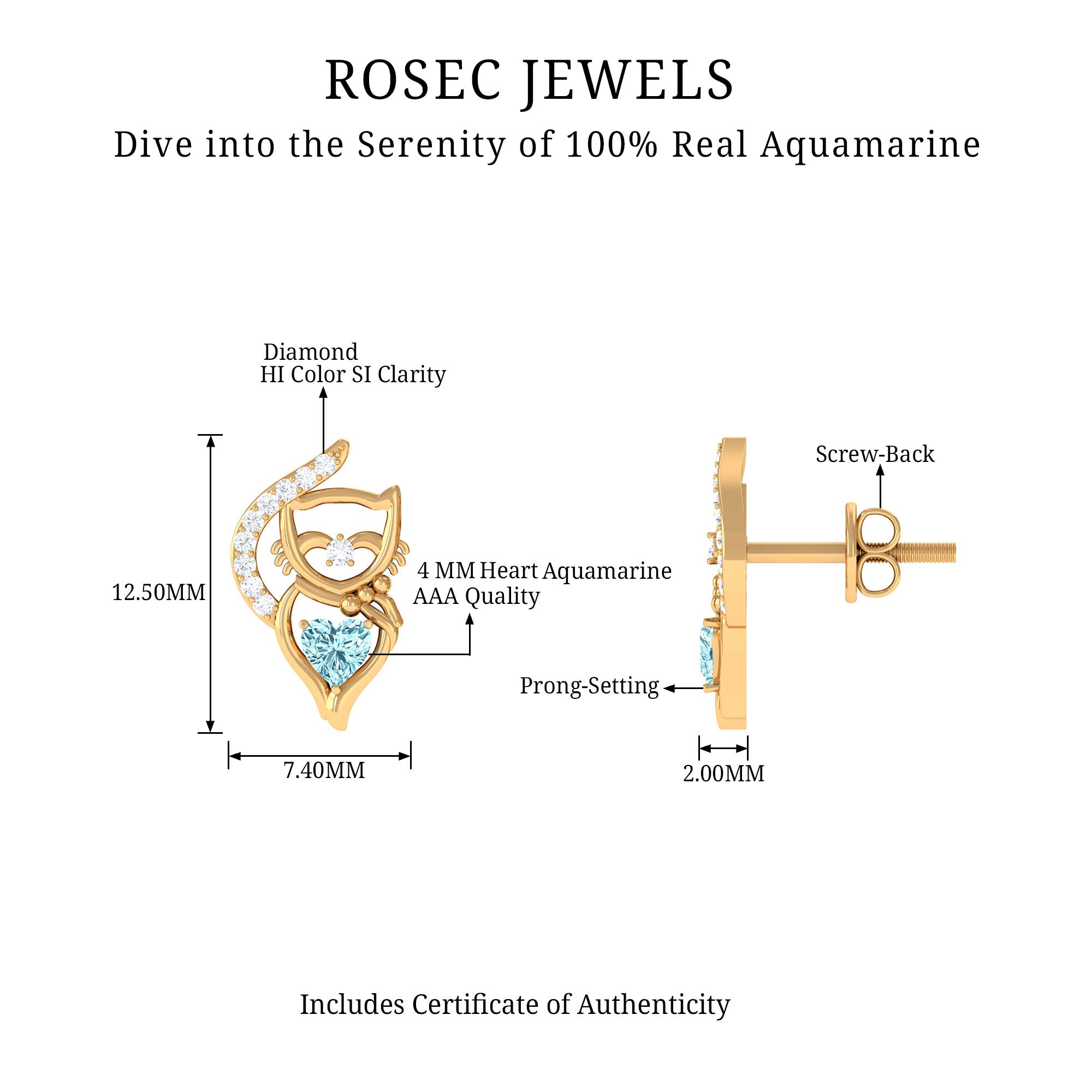 1/2 CT Heart Shape Aquamarine Cat Stud Earrings with Diamond Aquamarine - ( AAA ) - Quality - Rosec Jewels