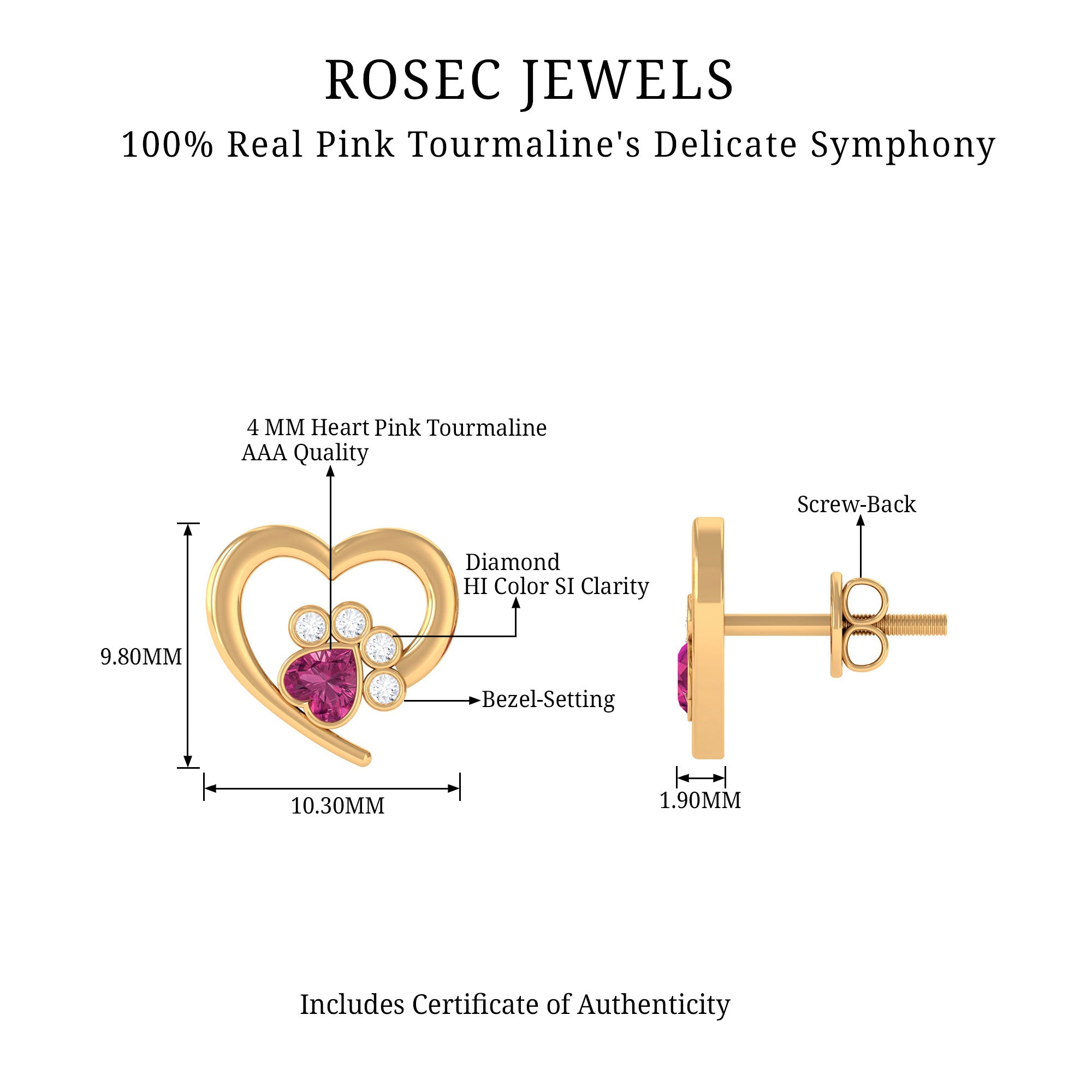 1/2 CT Heart Shape Pink Tourmaline and Diamond Dog Paw Stud Earrings Pink Tourmaline - ( AAA ) - Quality - Rosec Jewels