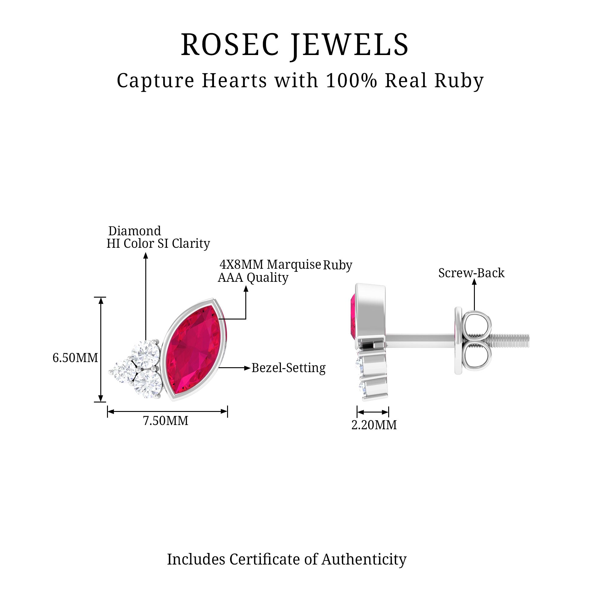 1 CT Marquise Cut Ruby Stud Earring with Trio Diamond Ruby - ( AAA ) - Quality - Rosec Jewels