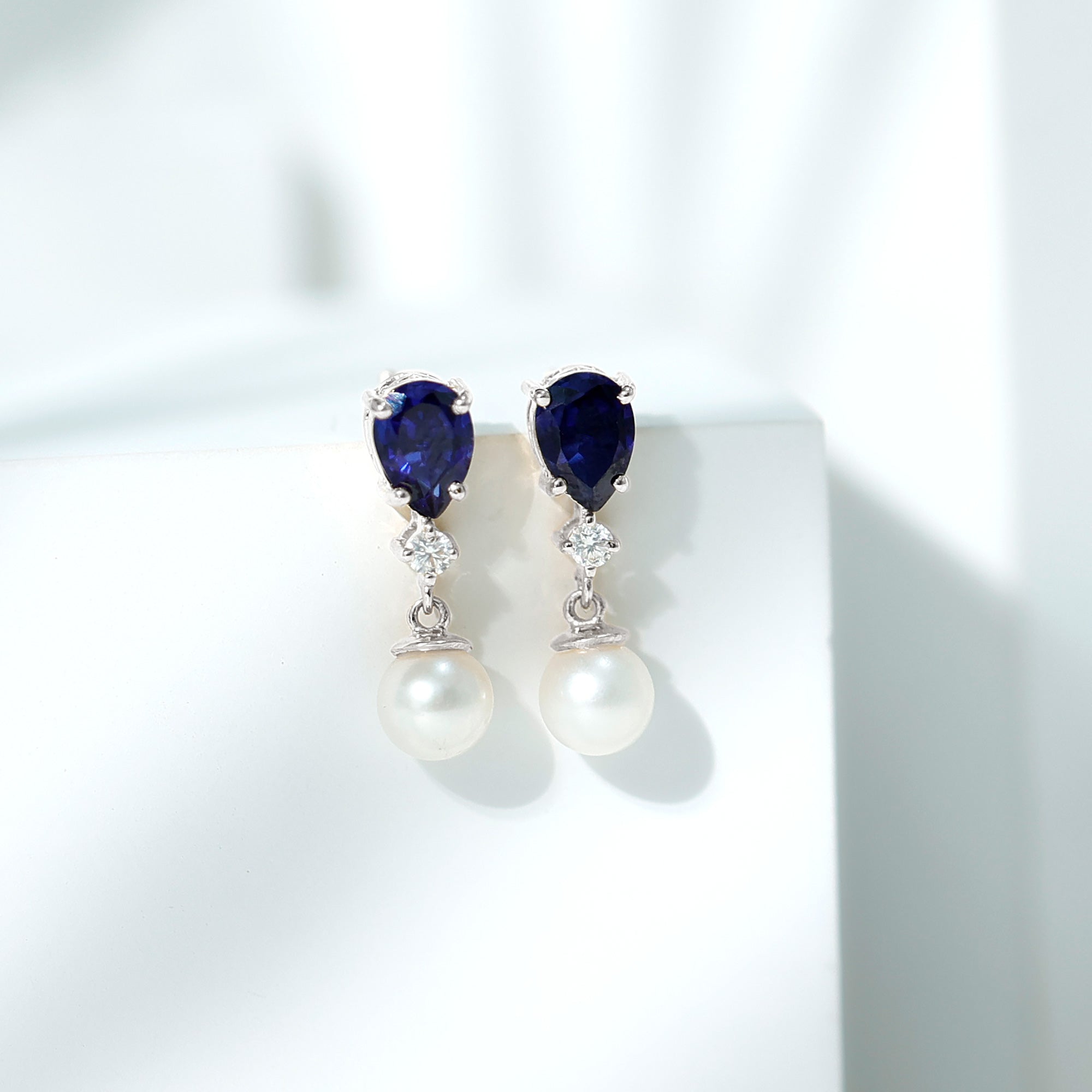 3.75 CT Created Blue Sapphire and Moissanite Dangle Earrings with Freshwater Pearl Drop Freshwater Pearl - ( AAA ) - Quality - Rosec Jewels