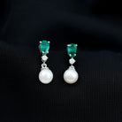 3.75 CT Created Emerald and Moissanite Silver Dangle Earrings with Freshwater Pearl Drop Freshwater Pearl - ( AAA ) - Quality 92.5 Sterling Silver - Rosec Jewels