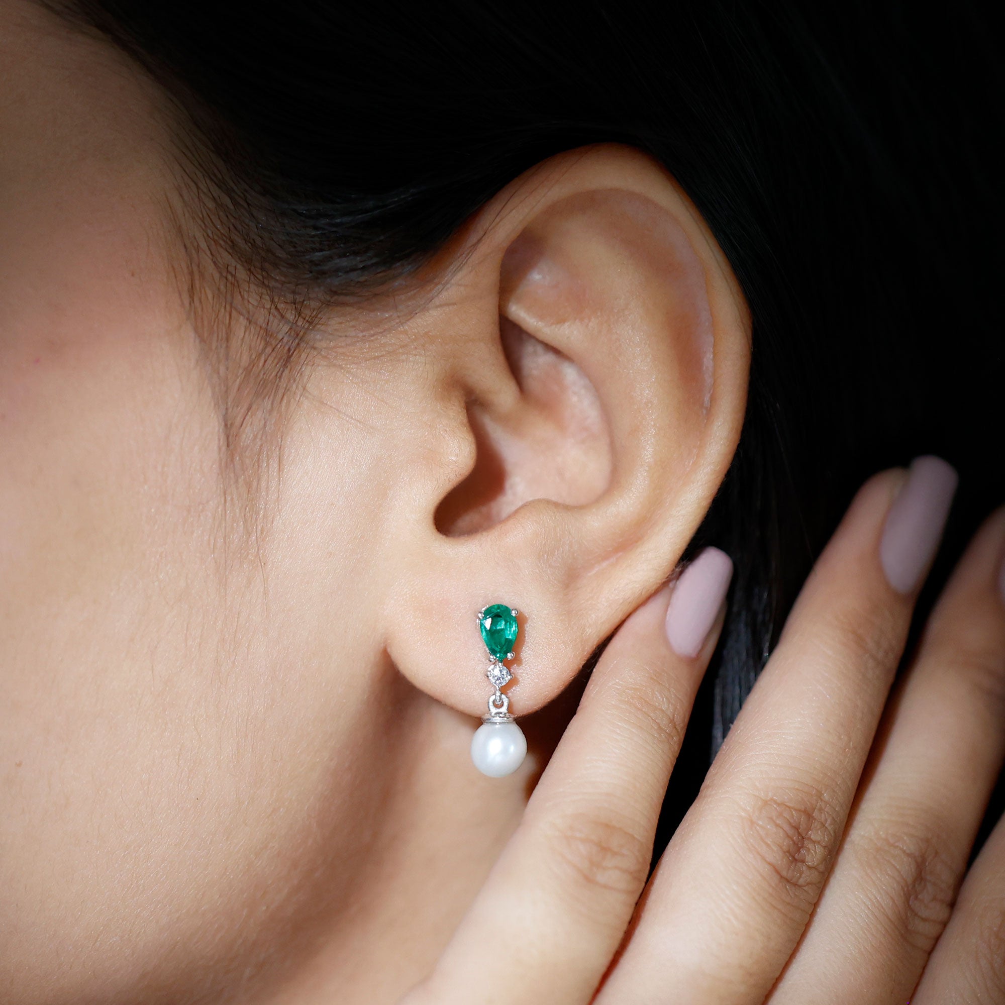 3.75 CT Created Emerald and Moissanite Silver Dangle Earrings with Freshwater Pearl Drop Freshwater Pearl - ( AAA ) - Quality 92.5 Sterling Silver - Rosec Jewels