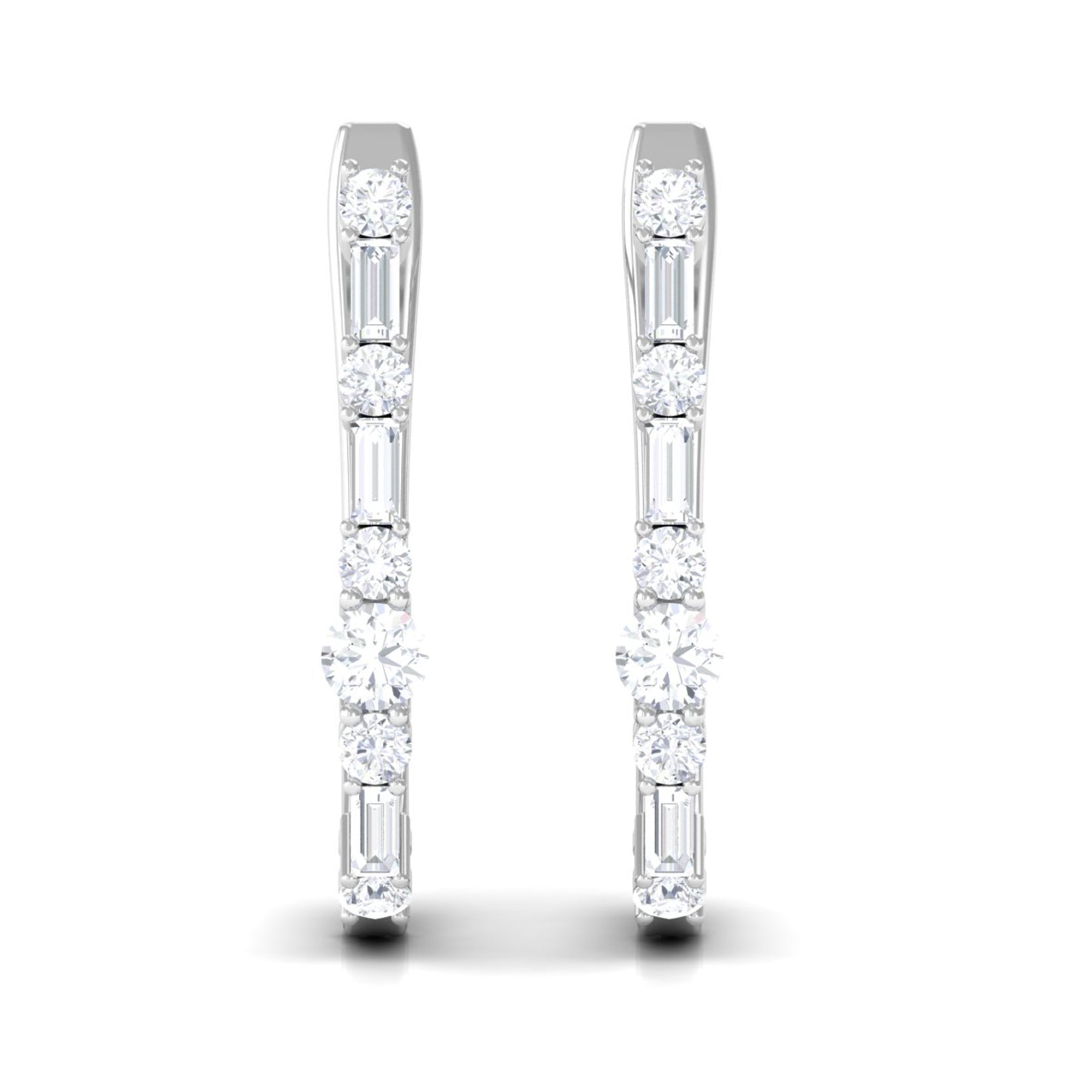 Baguette and Round Cut Diamond J Hoop Earrings Diamond - ( HI-SI ) - Color and Clarity - Rosec Jewels