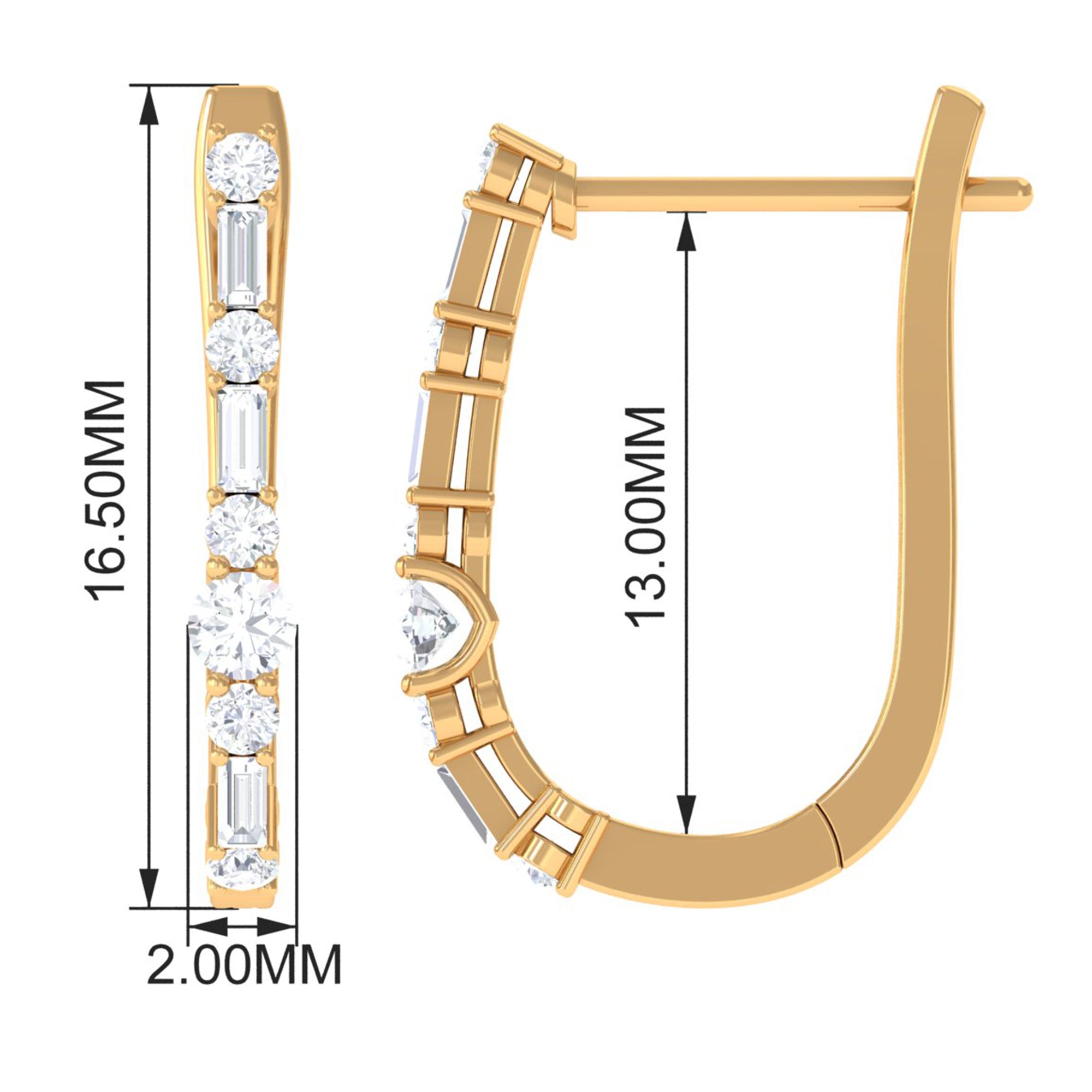 Baguette and Round Cut Diamond J Hoop Earrings Diamond - ( HI-SI ) - Color and Clarity - Rosec Jewels