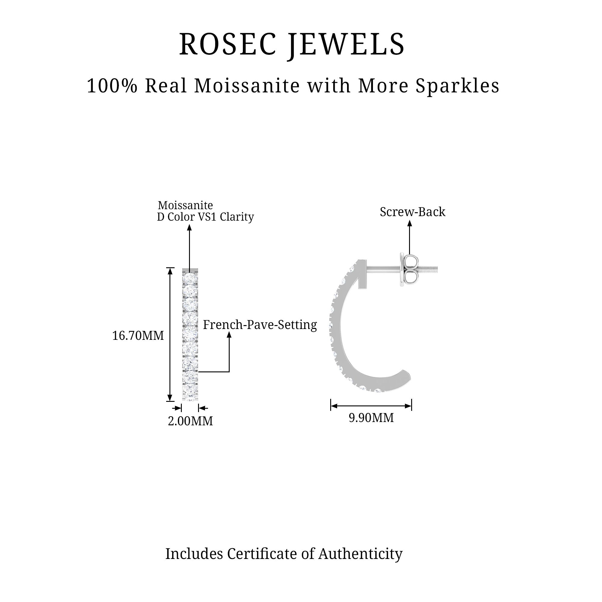 Certified Moissanite Simple Hoop Earrings in Silver - Rosec Jewels