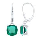 Cushion Cut Solitaire Created Emerald Drop Earrings in Silver Lab Created Emerald - ( AAAA ) - Quality 92.5 Sterling Silver - Rosec Jewels