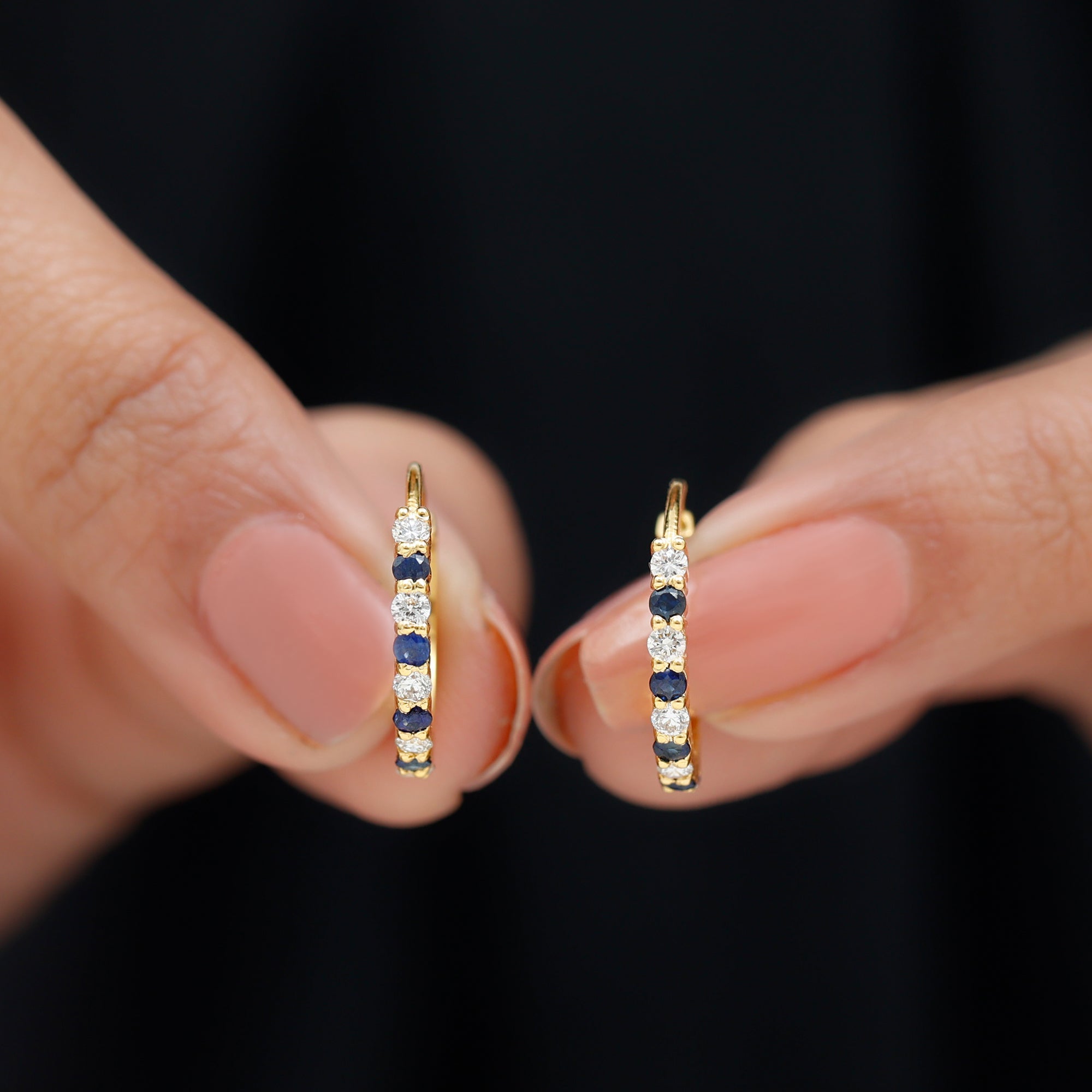 Minimal Hoop Earrings with Blue Sapphire and Moissanite in Gold Blue Sapphire - ( AAA ) - Quality - Rosec Jewels