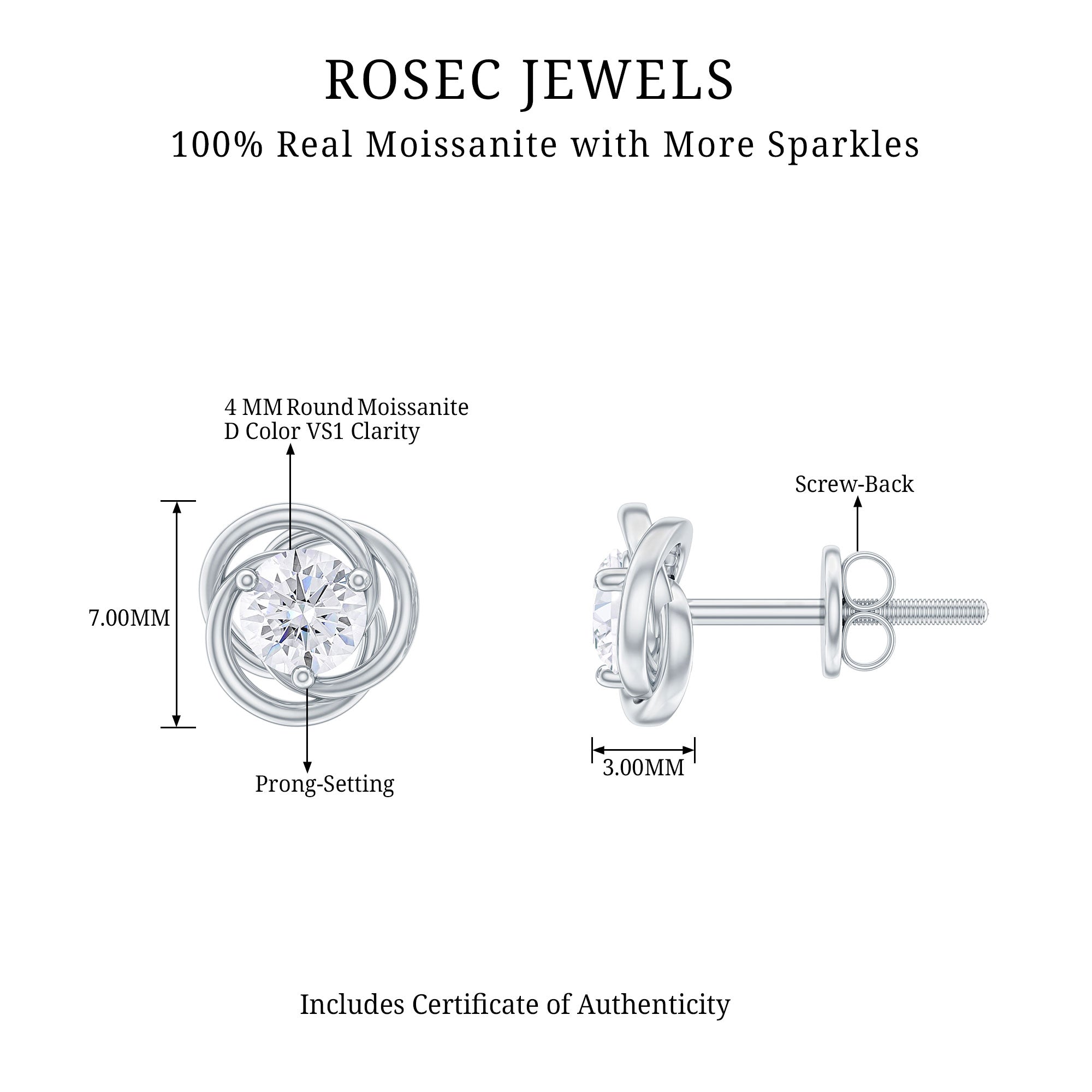 1 CT Moissanite Swirl Stud Earrings Moissanite - ( D-VS1 ) - Color and Clarity - Rosec Jewels