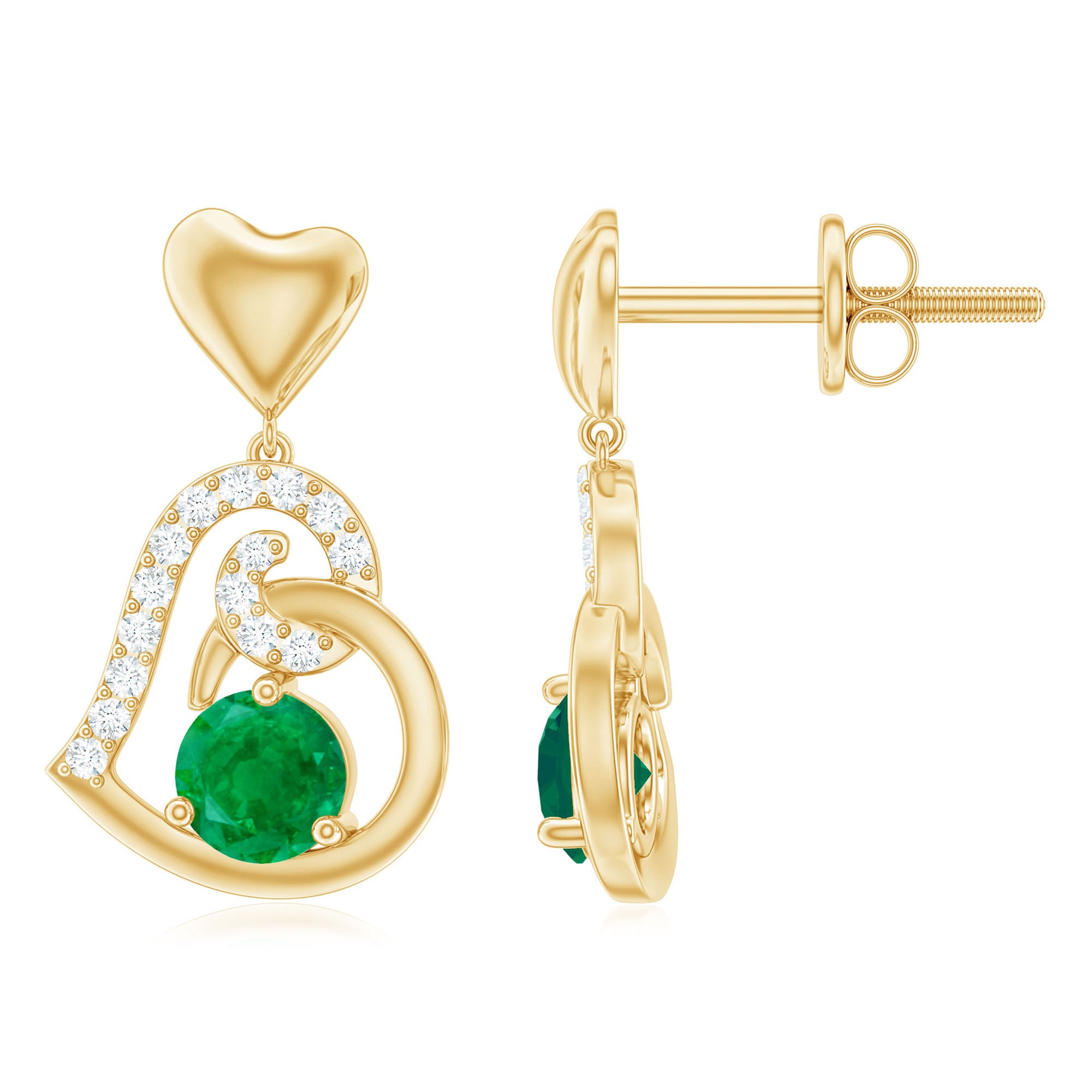 Round Emerald and Diamond Heart Drop Earrings Emerald - ( AAA ) - Quality - Rosec Jewels