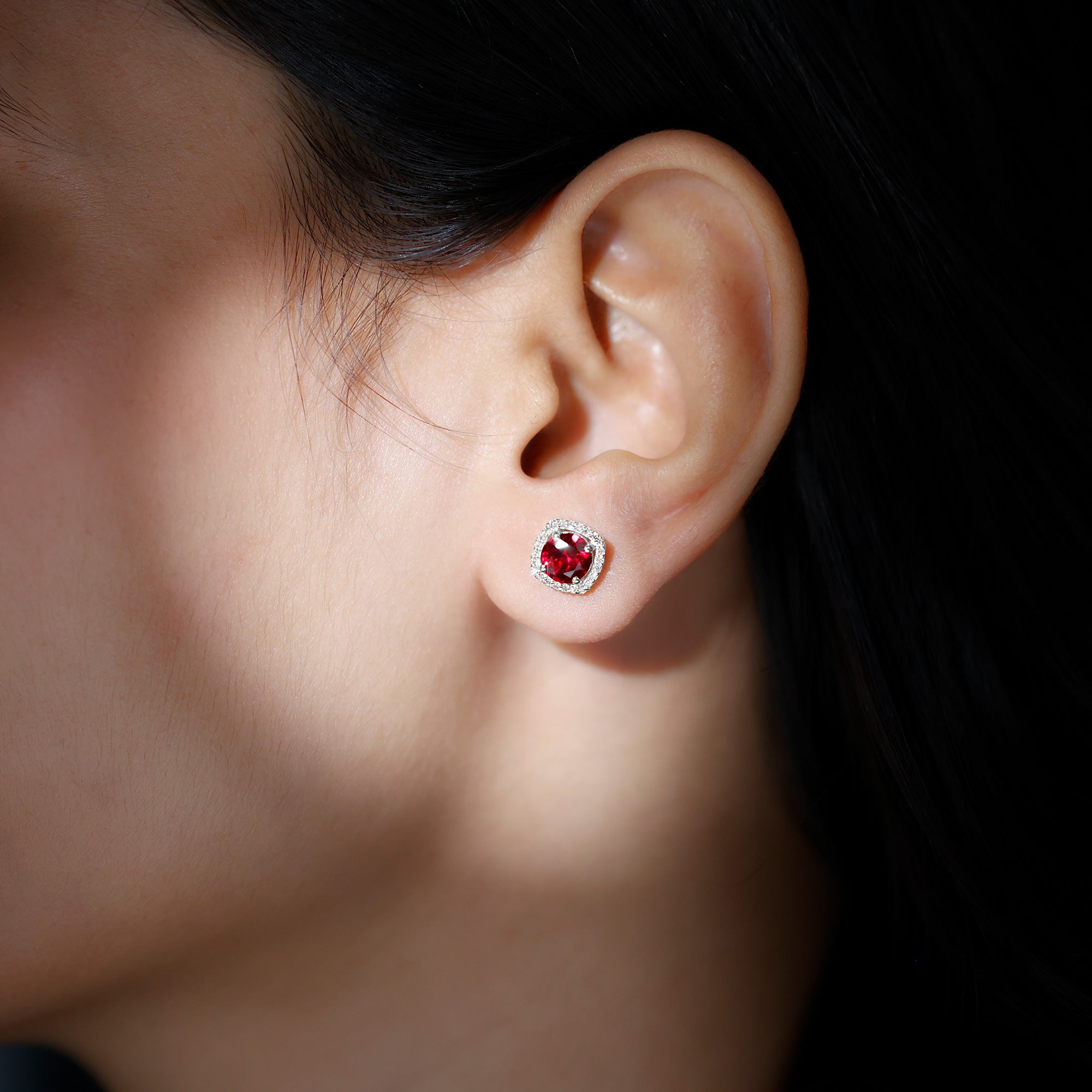 6 MM Round Lab Grown Ruby Halo Stud Earrings with Diamond Lab Created Ruby - ( AAAA ) - Quality - Rosec Jewels