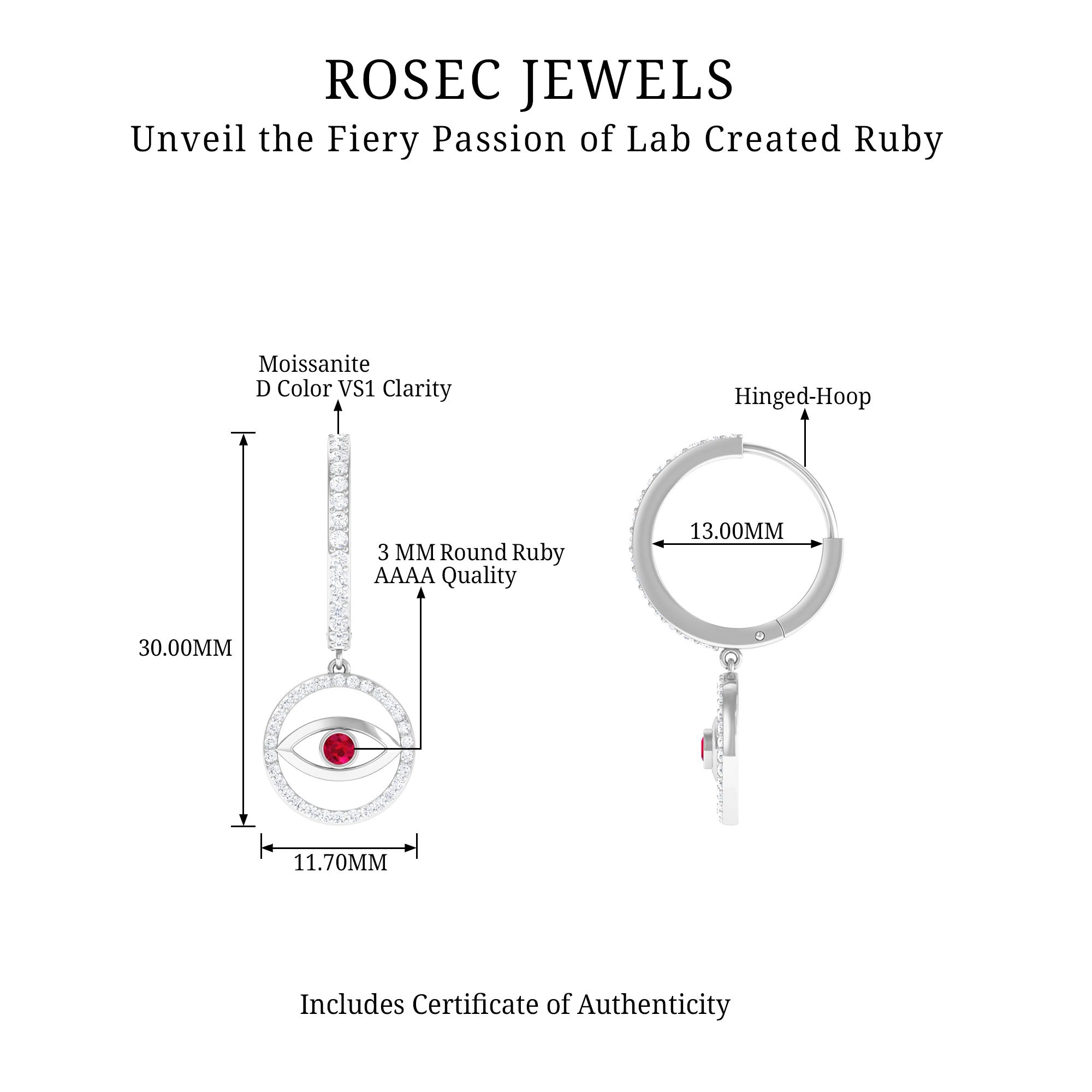 3/4 CT Created Ruby and Moissanite Evil Eye Hoop Drop Earrings Lab Created Ruby - ( AAAA ) - Quality - Rosec Jewels