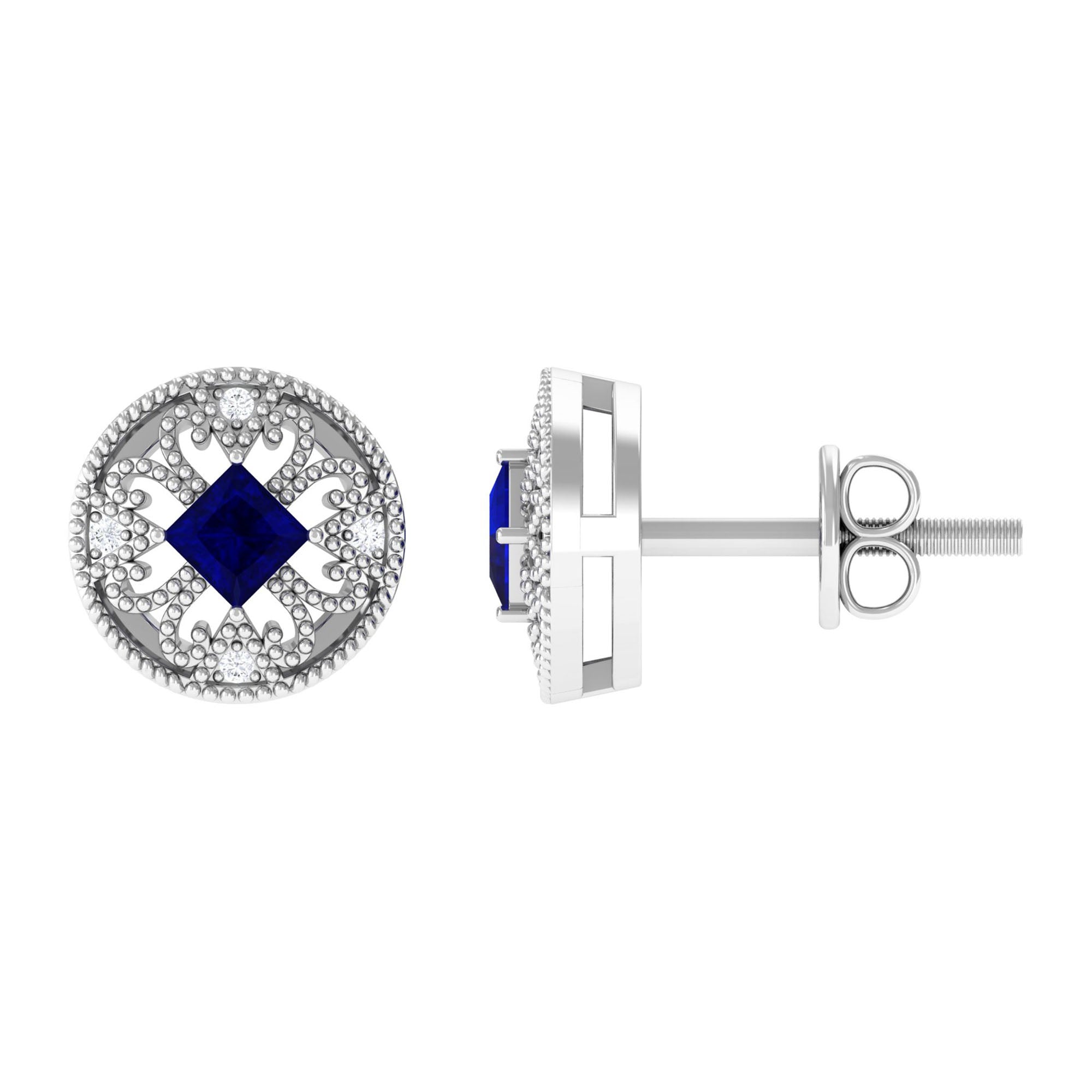 0.25 CT Antique Blue Sapphire and Diamond Beaded Stud Earrings Blue Sapphire - ( AAA ) - Quality - Rosec Jewels