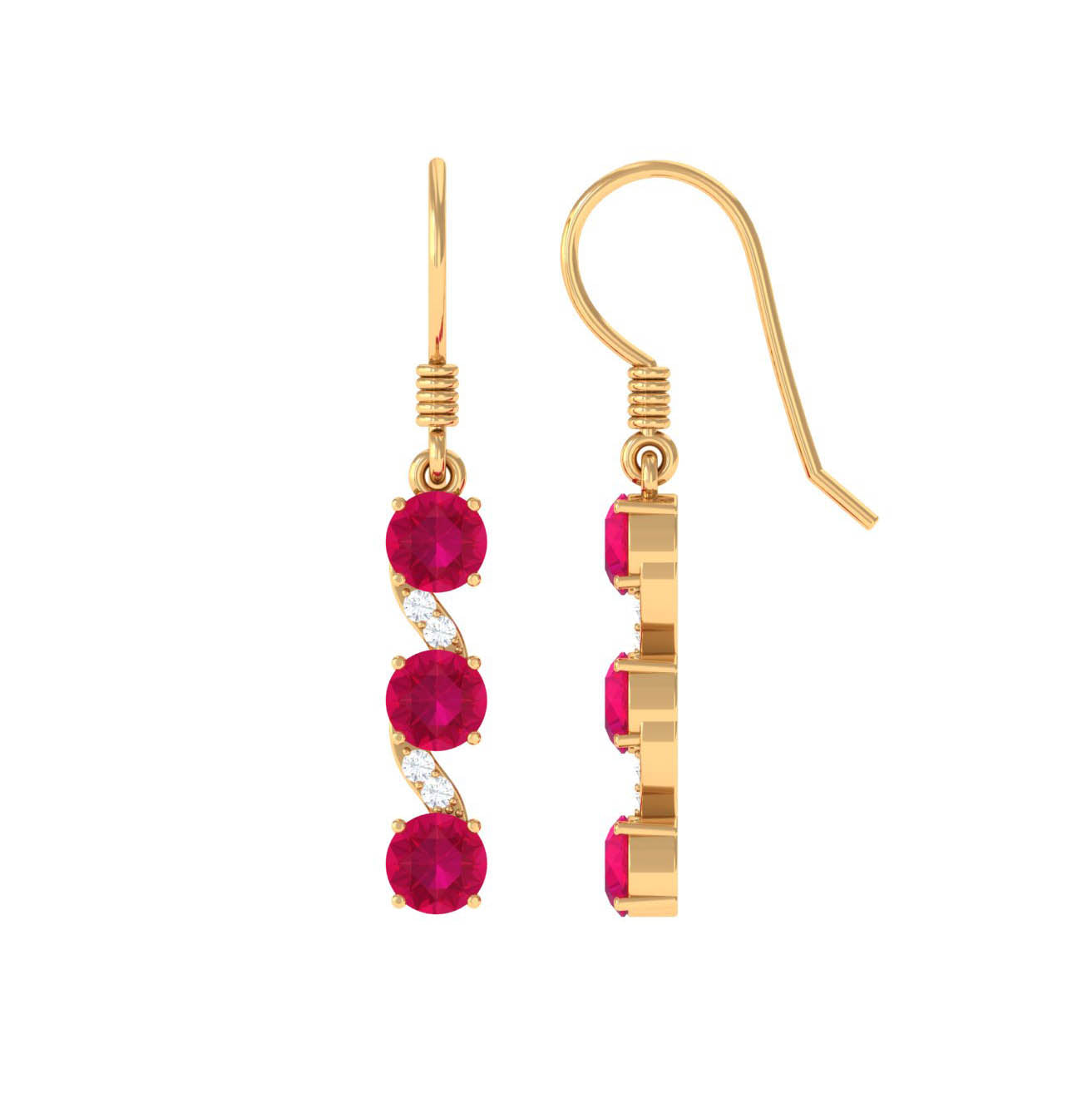 Minimal Ruby Dangle Drop Earrings with Diamond Ruby - ( AAA ) - Quality - Rosec Jewels