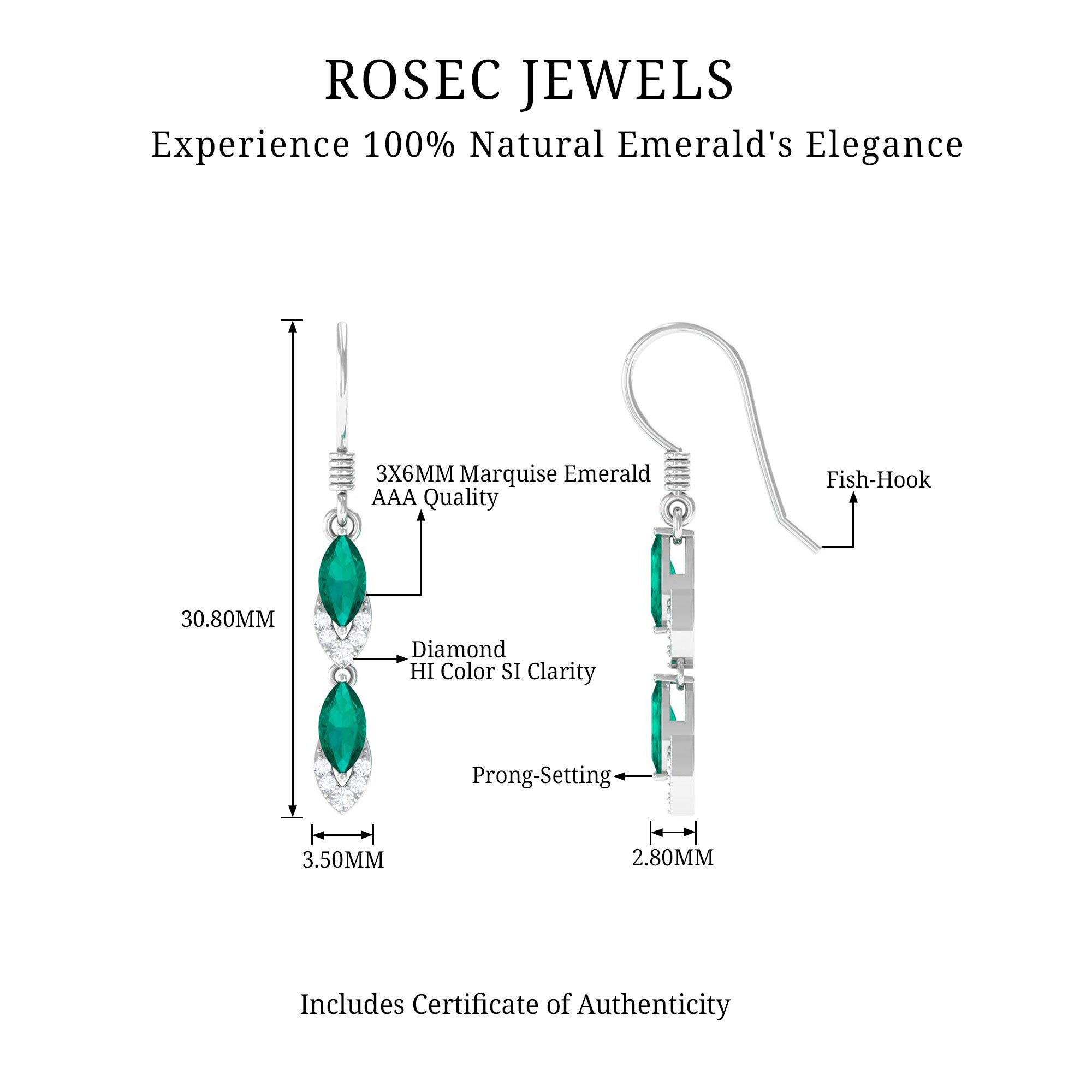 1.50 CT Marquise Cut Emerald Dangle Earrings with Diamond Emerald - ( AAA ) - Quality - Rosec Jewels