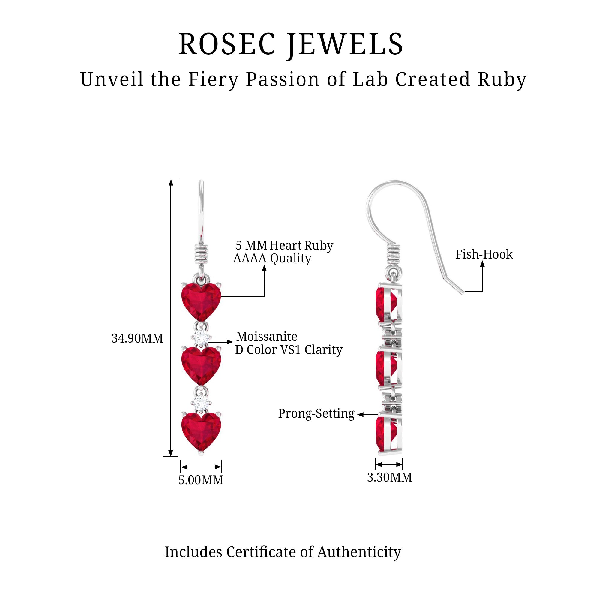 Rosec Jewels-3 Heart Lab Grown Ruby Dangle Earrings with Moissanite