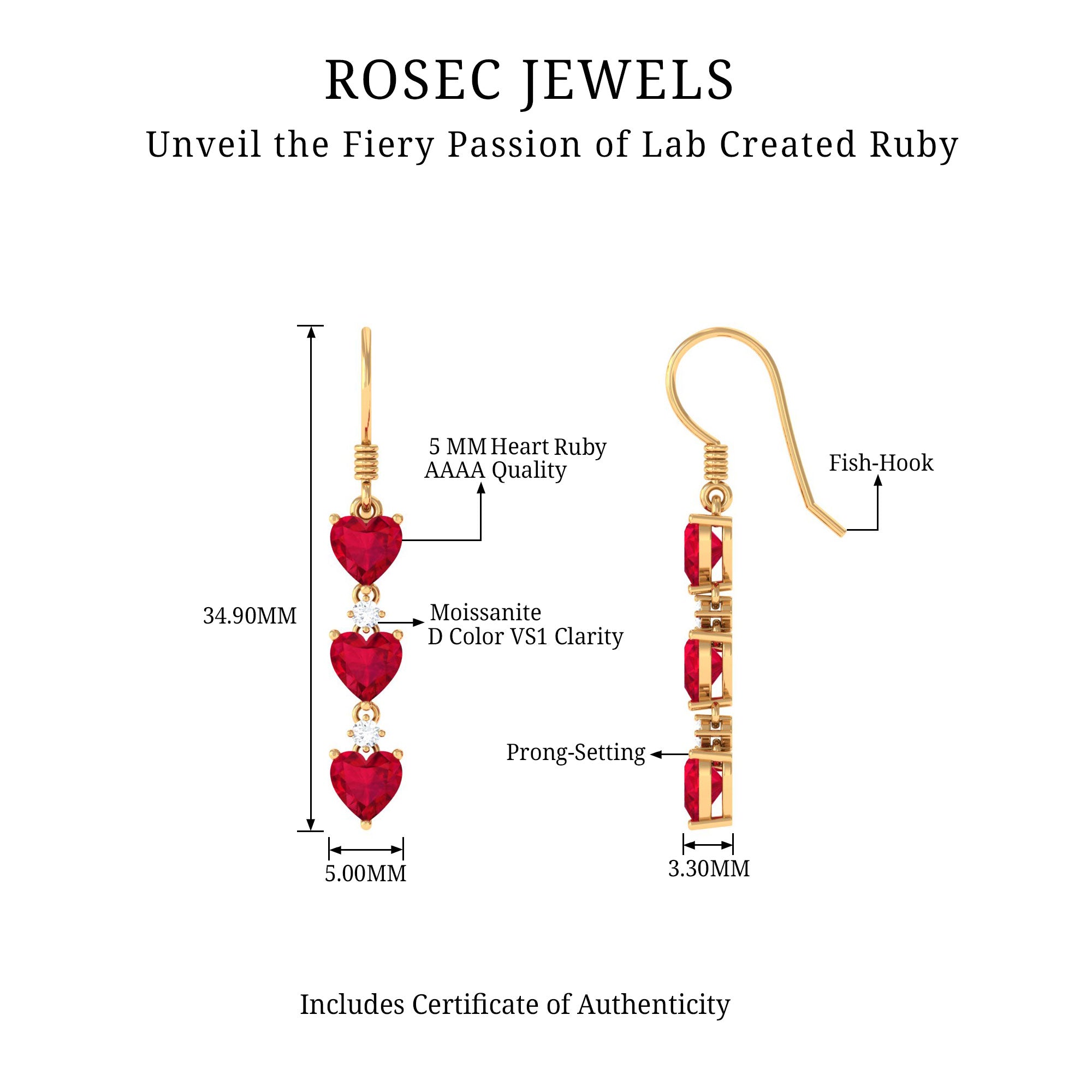 Rosec Jewels-3 Heart Lab Grown Ruby Dangle Earrings with Moissanite