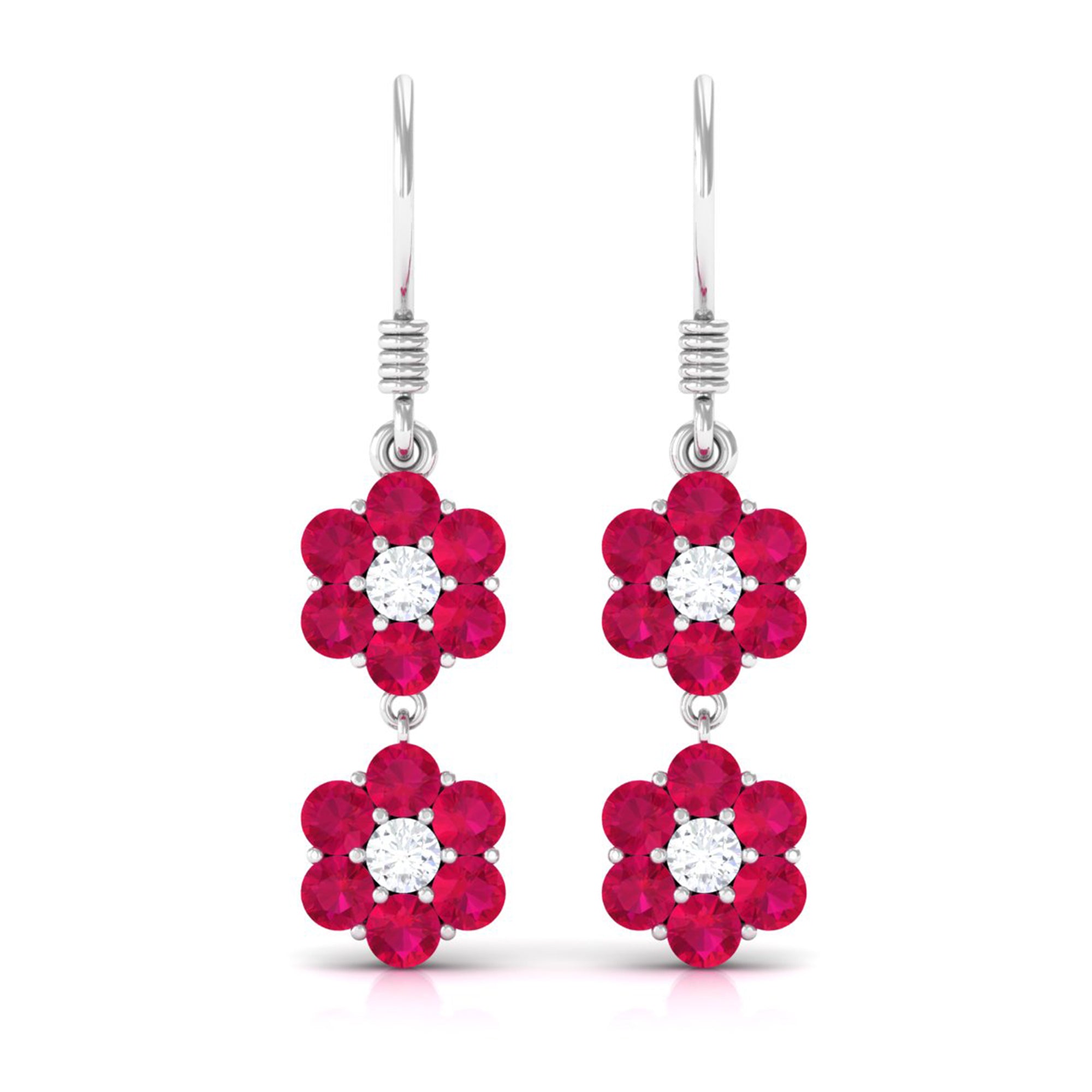 Twin Flower Dangle Earrings with Ruby and Moissanite Ruby - ( AAA ) - Quality - Rosec Jewels