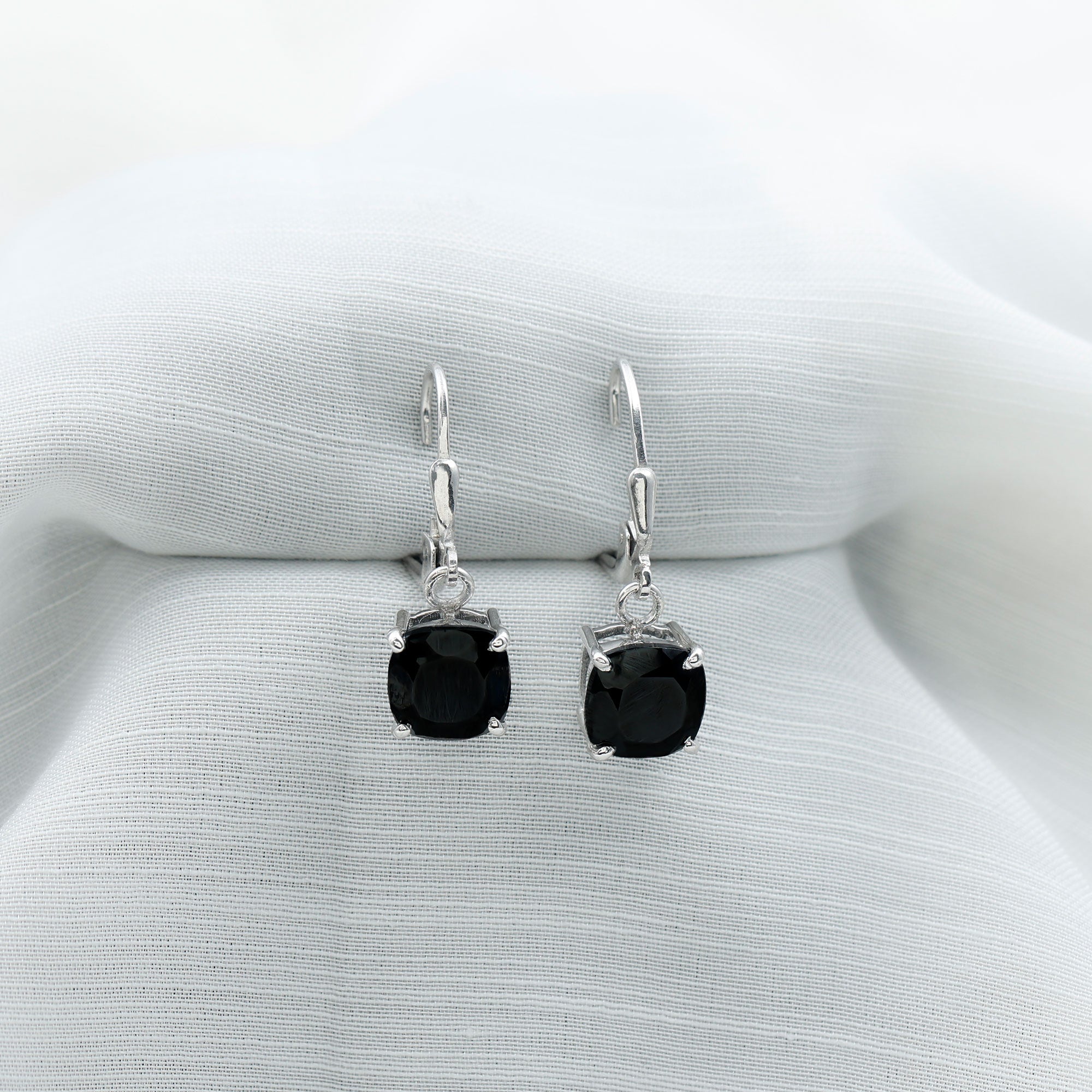 Cushion Cut Created Black Diamond Solitaire Drop Earrings with Lever Back Lab Created Black Diamond - ( AAAA ) - Quality - Rosec Jewels