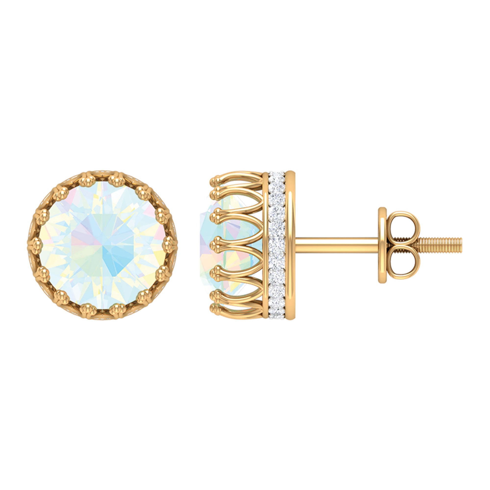 Solitaire Ethiopian Opal and Moissanite Crown Stud Earrings Ethiopian Opal - ( AAA ) - Quality - Rosec Jewels