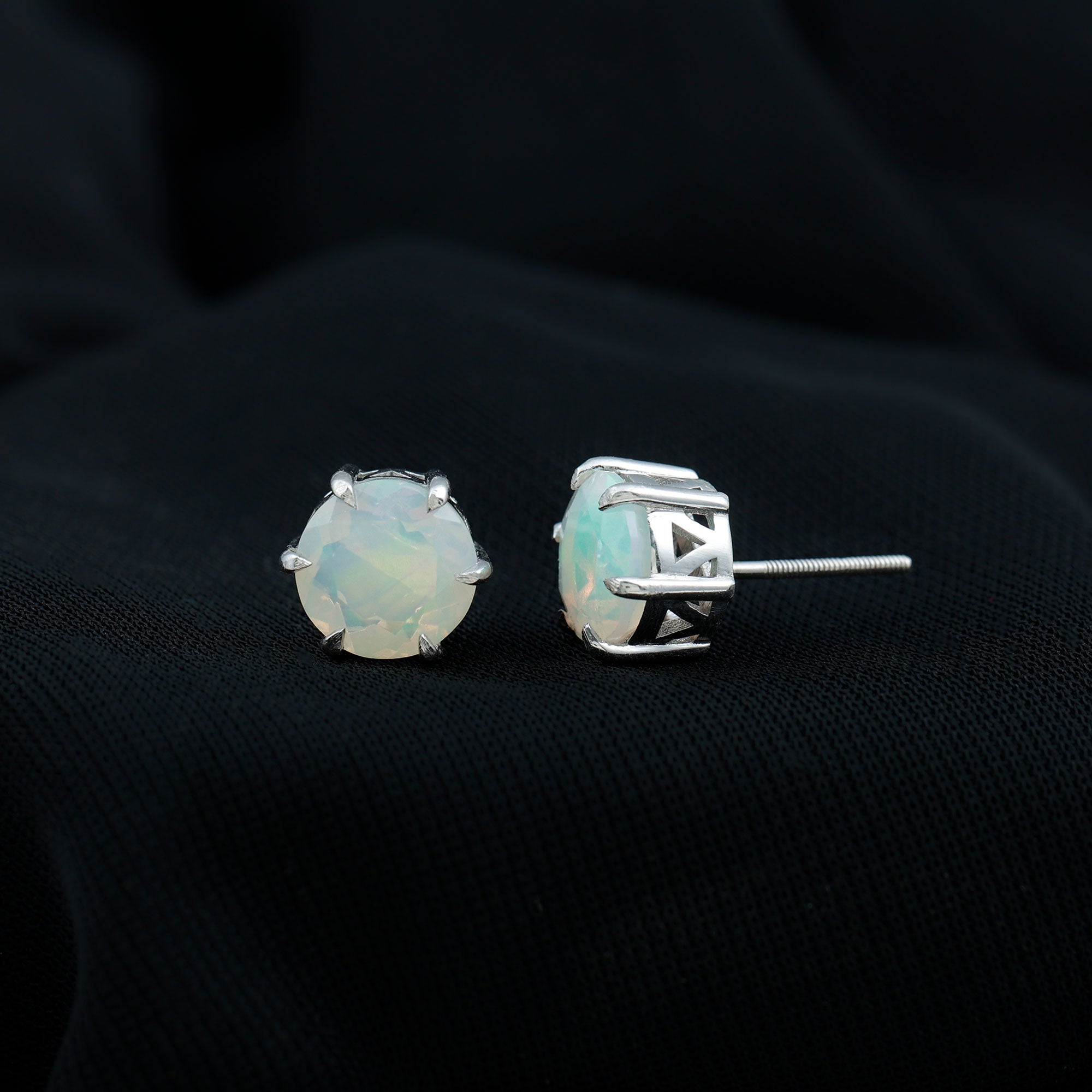 8 MM Genuine Round Ethiopian Opal Solitaire Stud Earrings in 6 Claw Setting Ethiopian Opal - ( AAA ) - Quality - Rosec Jewels