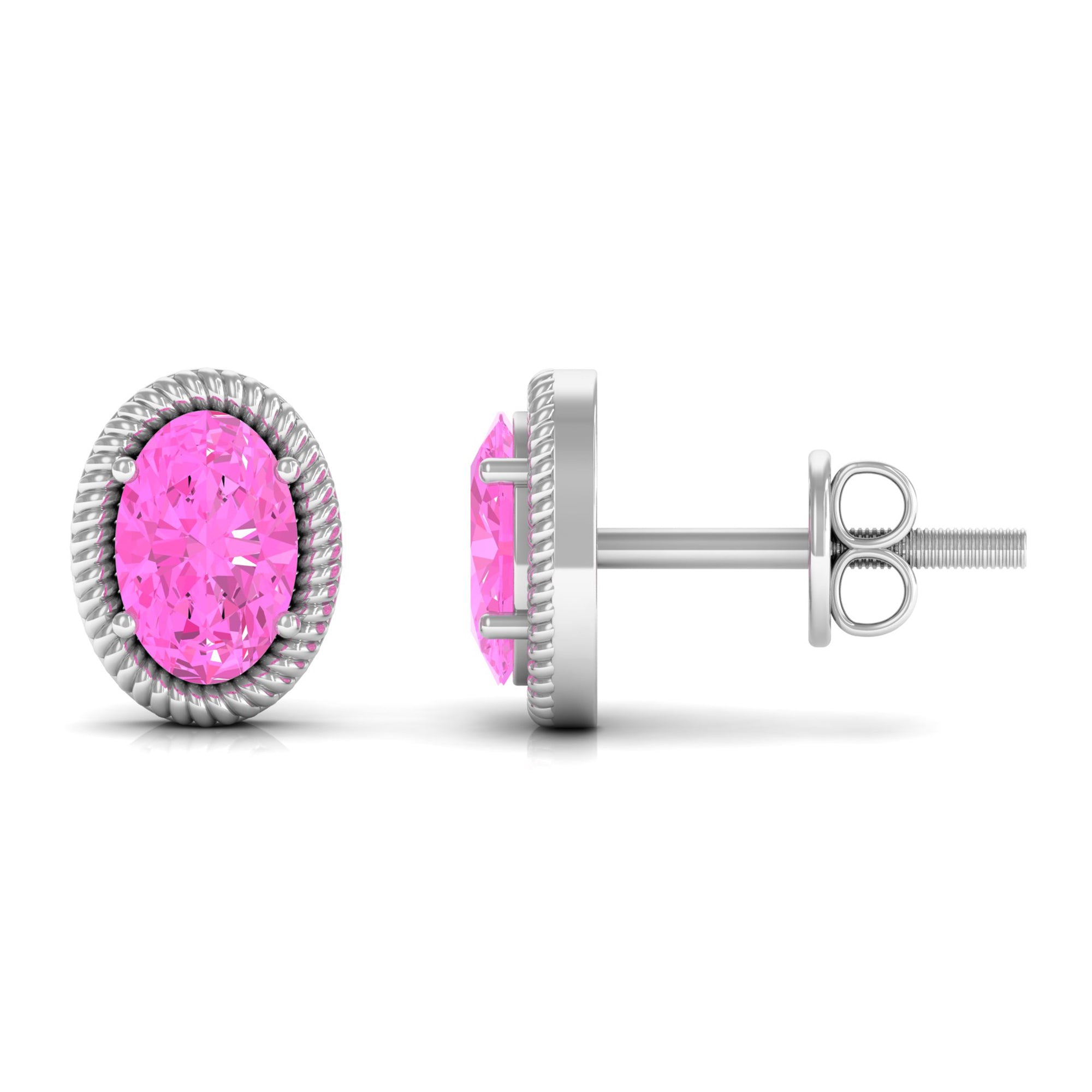 Oval Cut Pink Sapphire Solitaire Stud Earrings in Rope Frame Pink Sapphire - ( AAA ) - Quality - Rosec Jewels