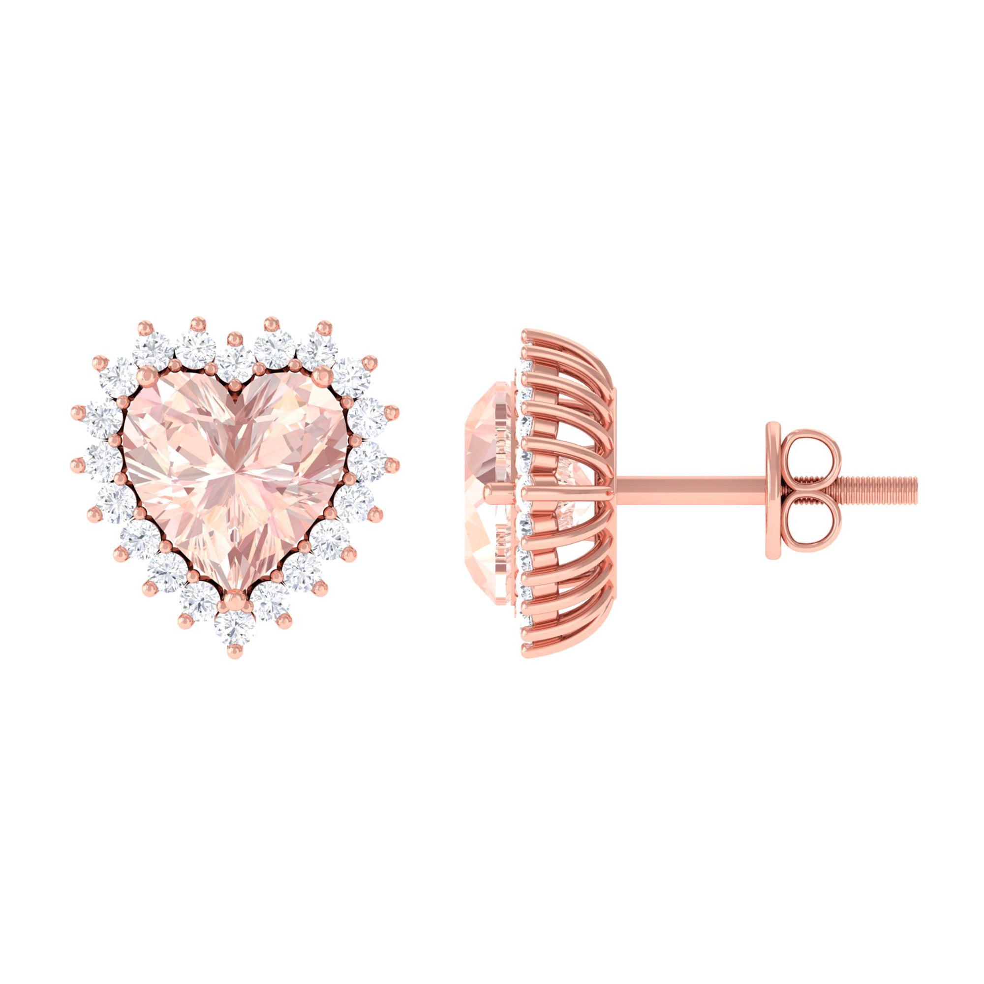 Heart Shape Morganite Halo Stud Earrings with Diamond Morganite - ( AAA ) - Quality - Rosec Jewels