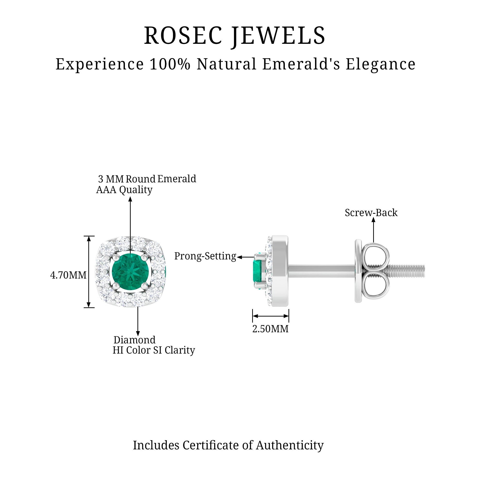 1/4 CT Emerald and Diamond Stud Earrings in Halo Emerald - ( AAA ) - Quality - Rosec Jewels