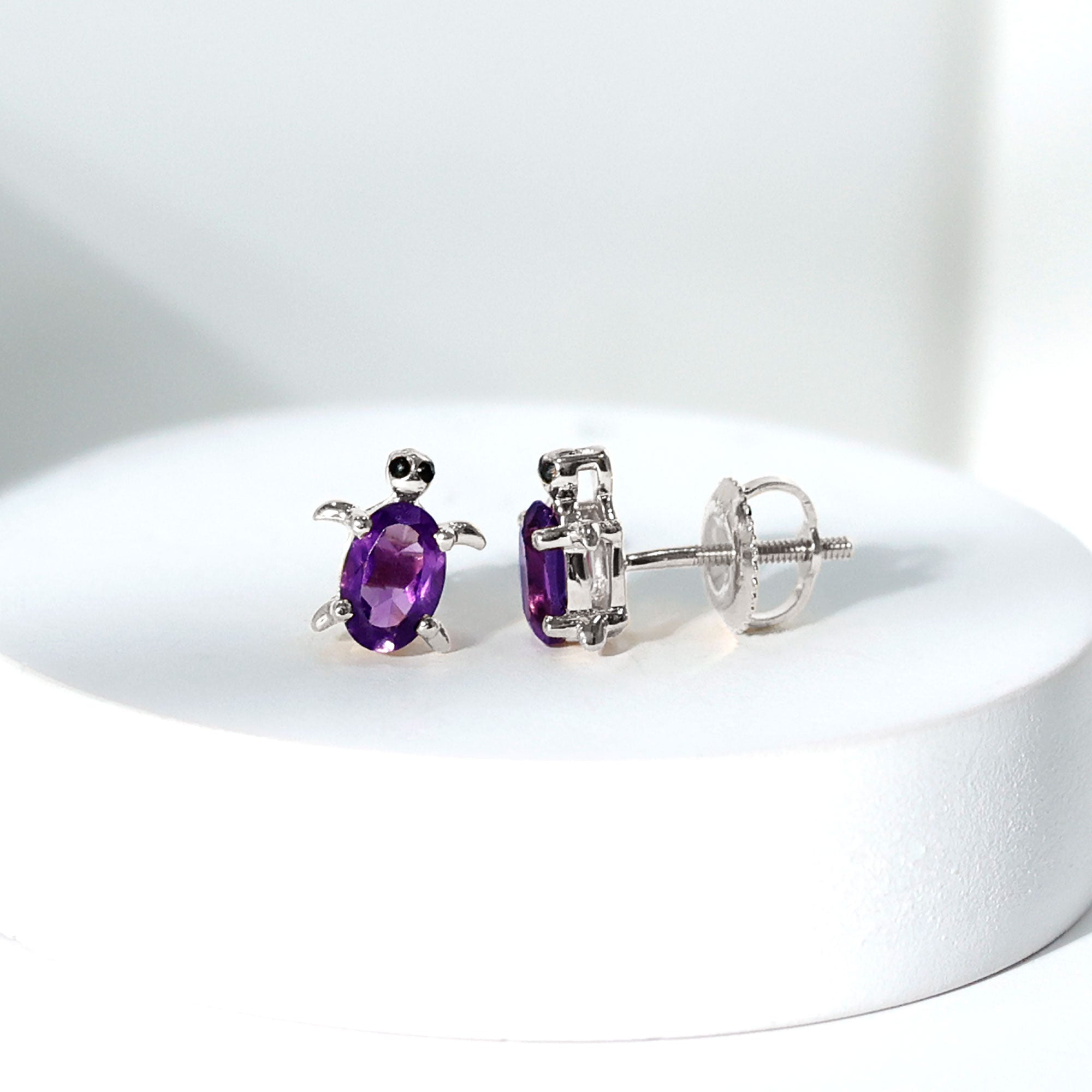 0.50 Oval Cut Amethyst Solitaire Turtle Stud Earrings in Silver Amethyst - ( AAA ) - Quality 92.5 Sterling Silver - Rosec Jewels