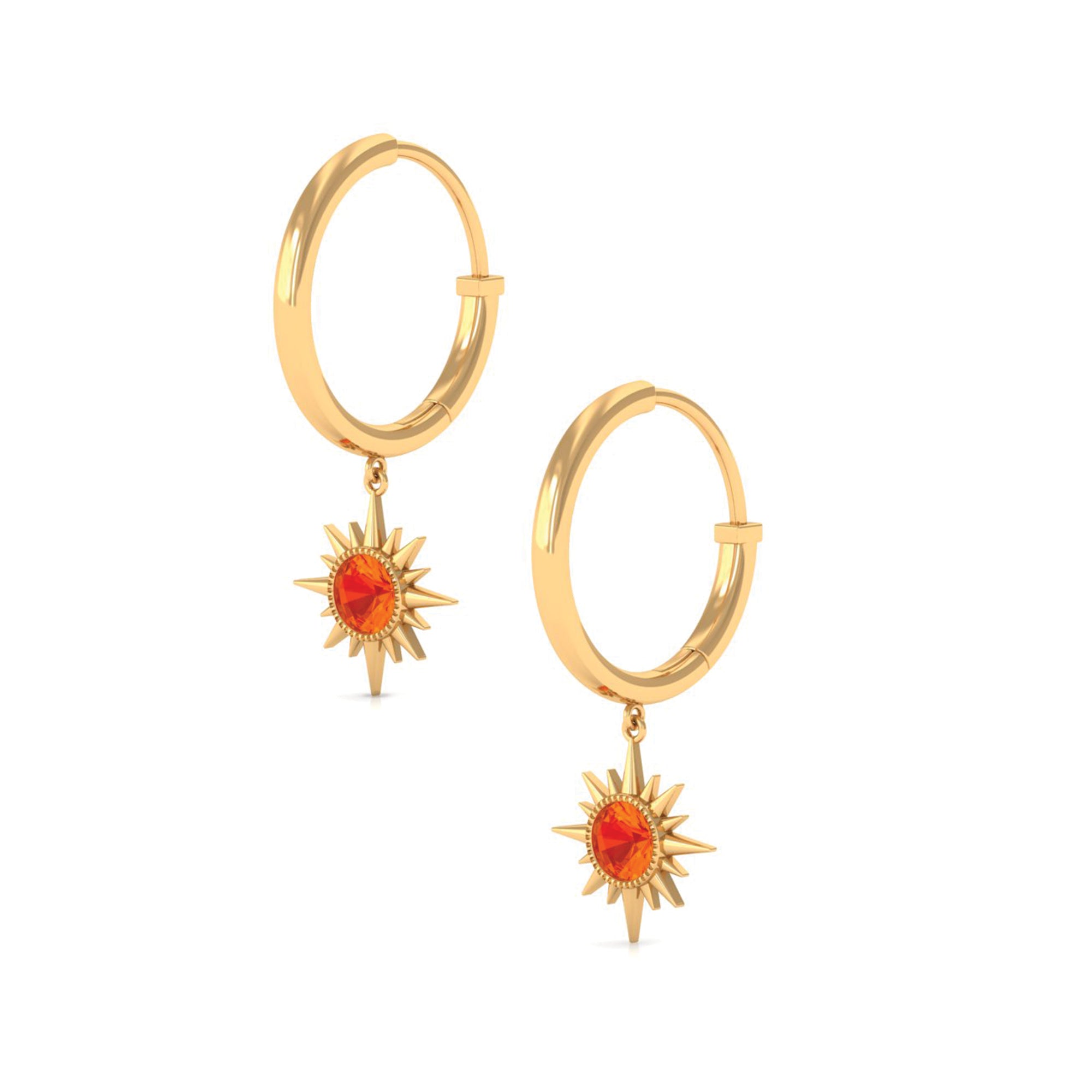 3/4 CT Milgrain Bezel Set Orange Sapphire Sunburst Drop Hoop Earrings Orange Sapphire - ( AAA ) - Quality - Rosec Jewels