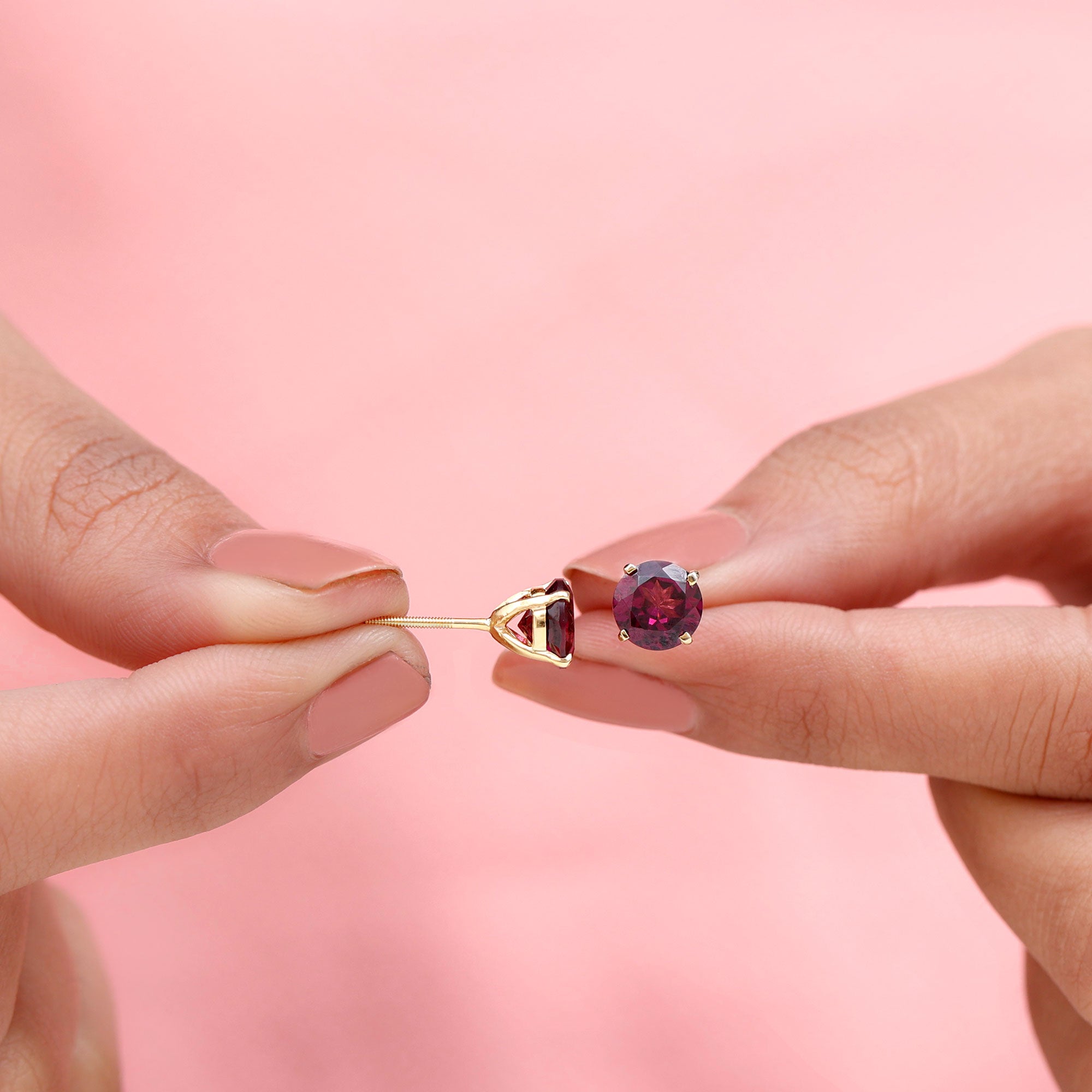 Round Rhodolite Solitaire Stud Earrings in Square Prong Setting Rhodolite - ( AAA ) - Quality - Rosec Jewels