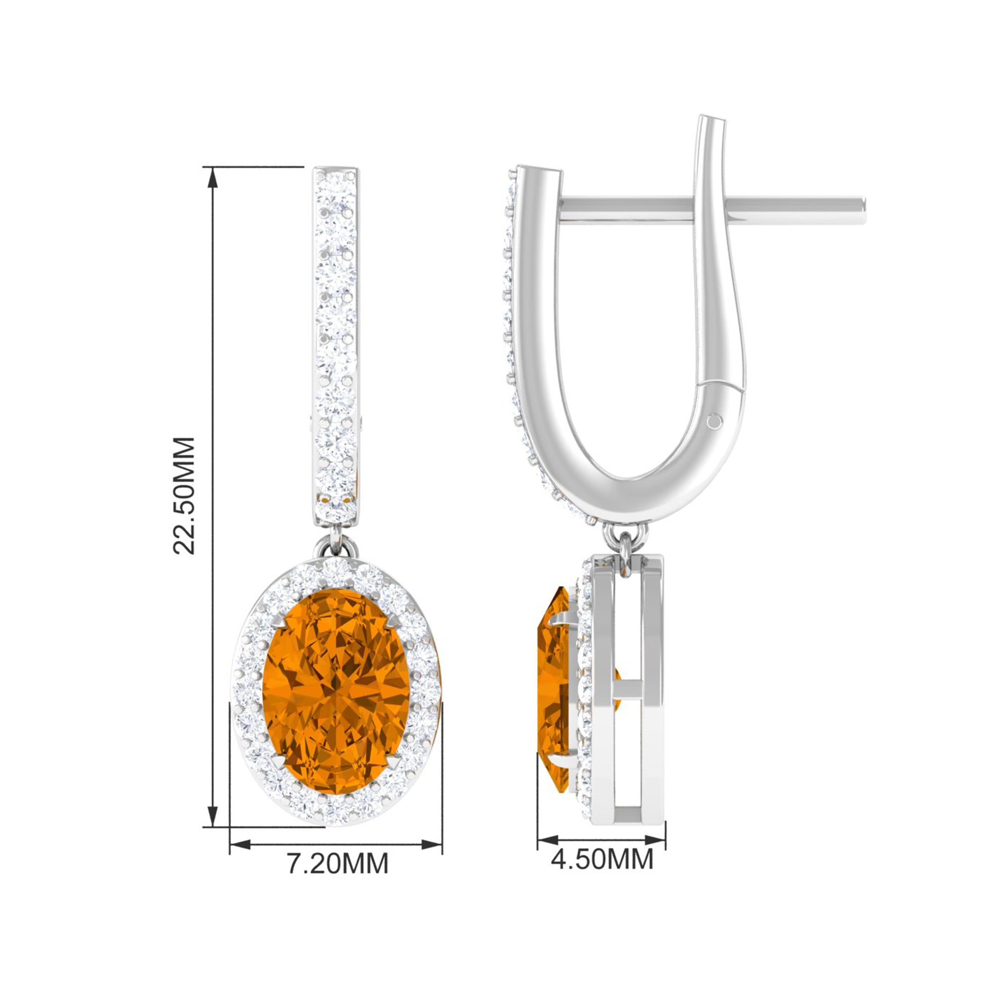 Classic Oval Citrine Hoop Drop Earrings with Moissanite Halo Citrine - ( AAA ) - Quality - Rosec Jewels