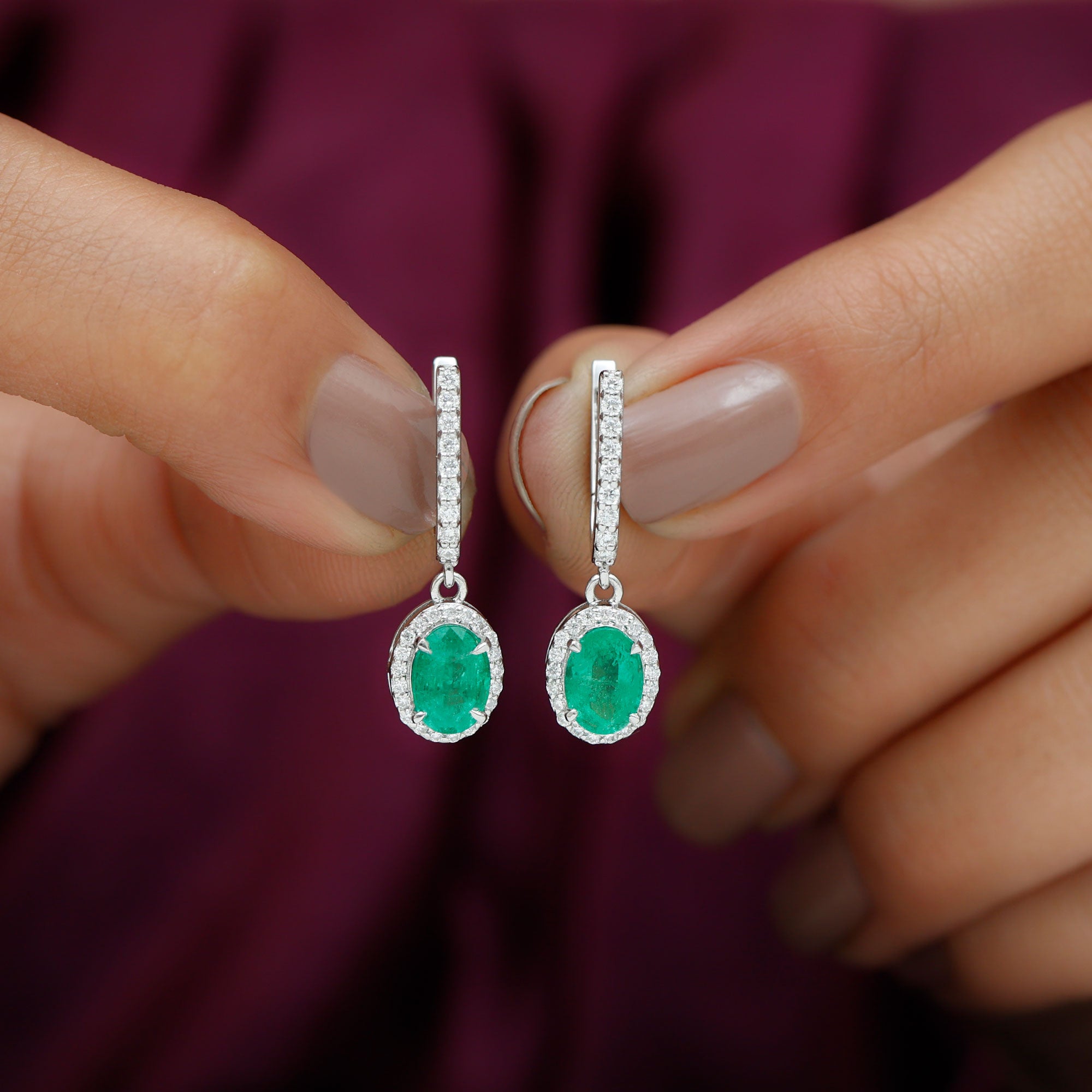 1.75 CT Classic Emerald J Hoop Drop Earrings with Diamond Emerald - ( AAA ) - Quality - Rosec Jewels