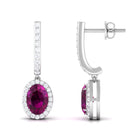 Classic Oval Rhodolite Hoop Drop Earrings with Diamond Halo Rhodolite - ( AAA ) - Quality - Rosec Jewels