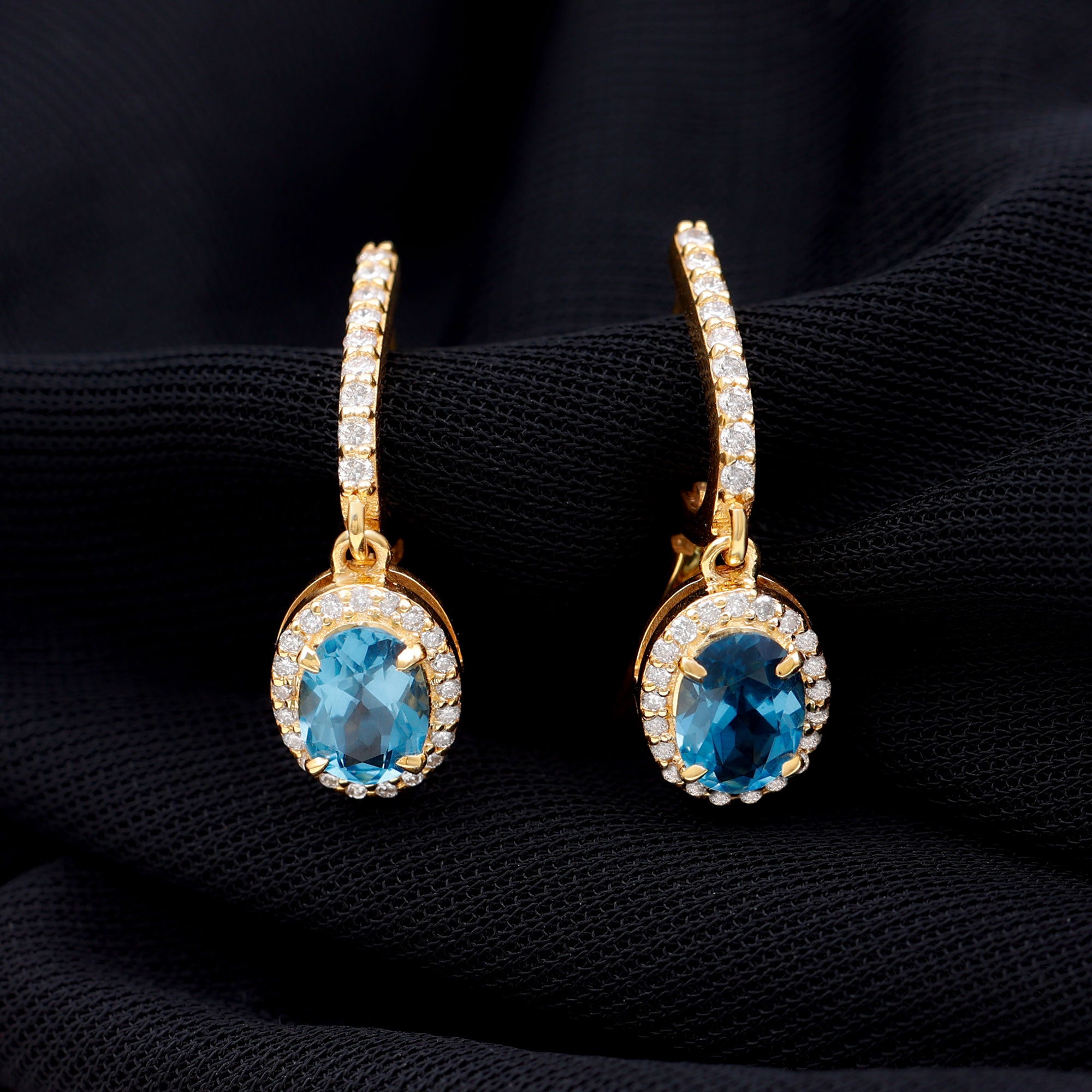 2.75 CT Oval London Blue Topaz and Diamond Hoop Drop Earrings London Blue Topaz - ( AAA ) - Quality - Rosec Jewels